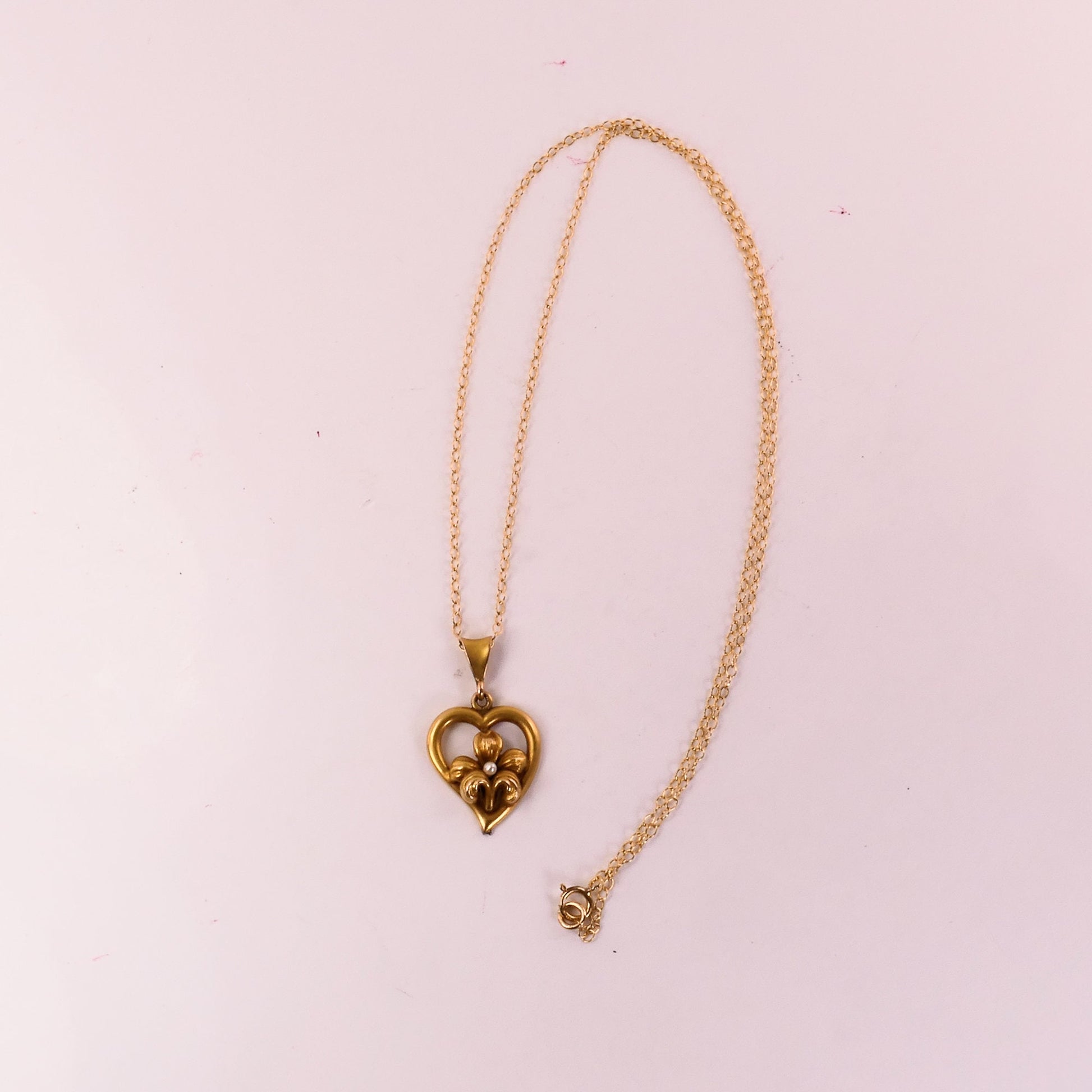 Vintage 14k Yellow Gold Floral Pearl Heart Pendant Necklace with Gold Filled Chain