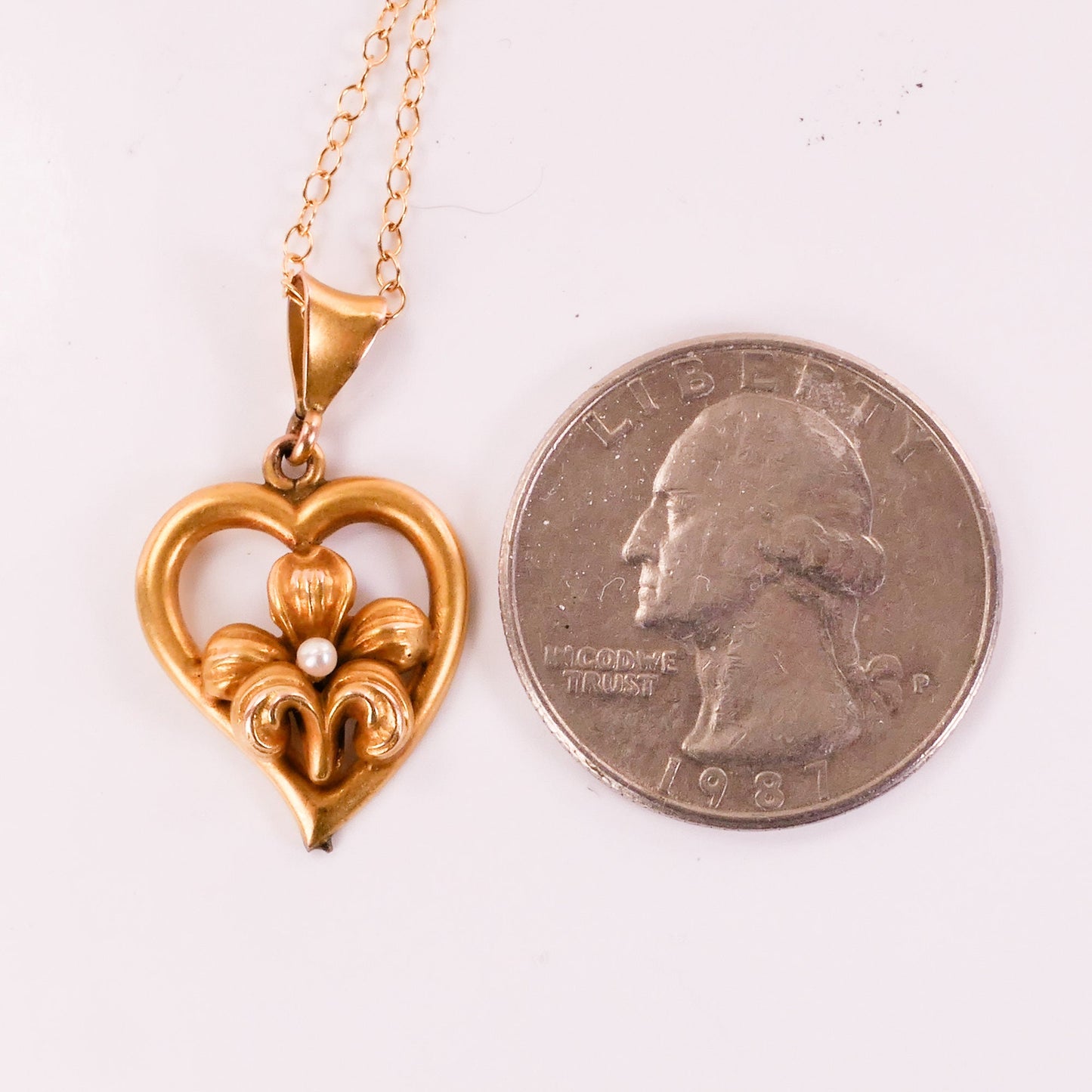 Vintage 14k Yellow Gold Floral Pearl Heart Pendant Necklace with Gold Filled Chain