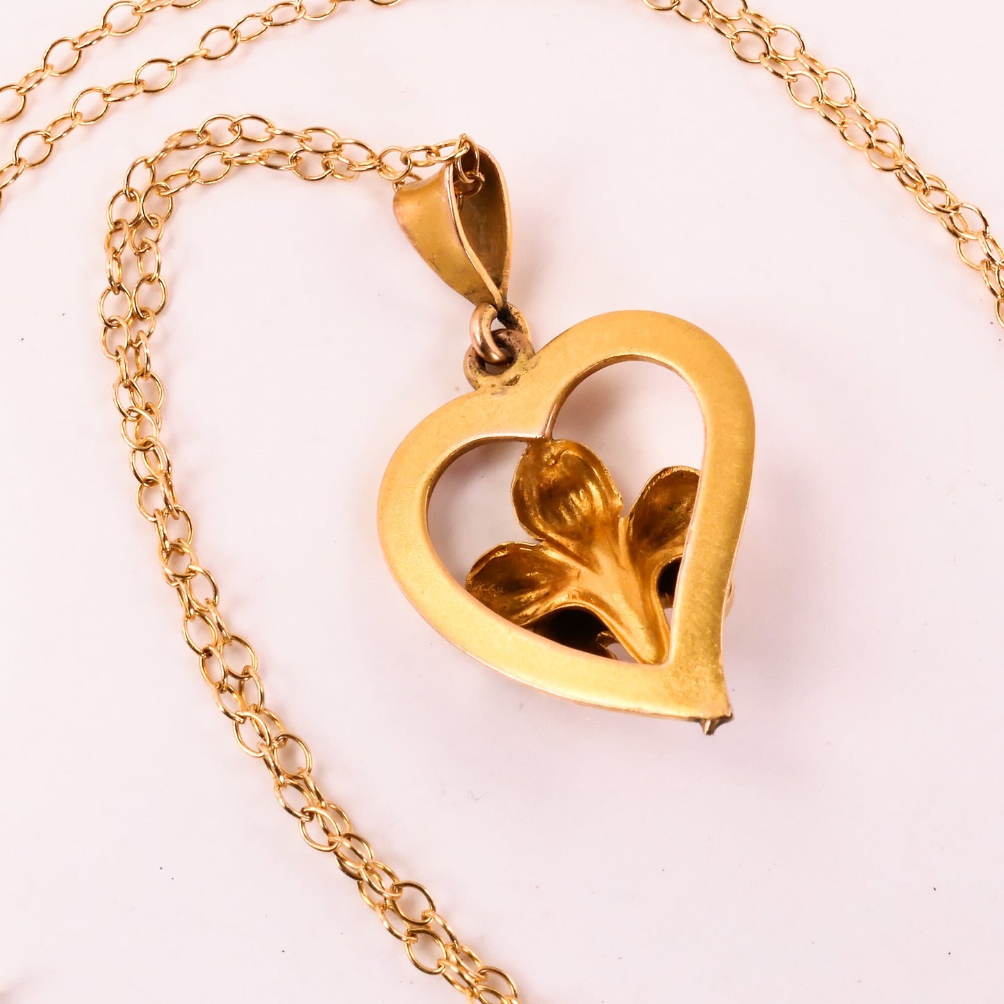 Vintage 14k Yellow Gold Floral Pearl Heart Pendant Necklace with Gold Filled Chain