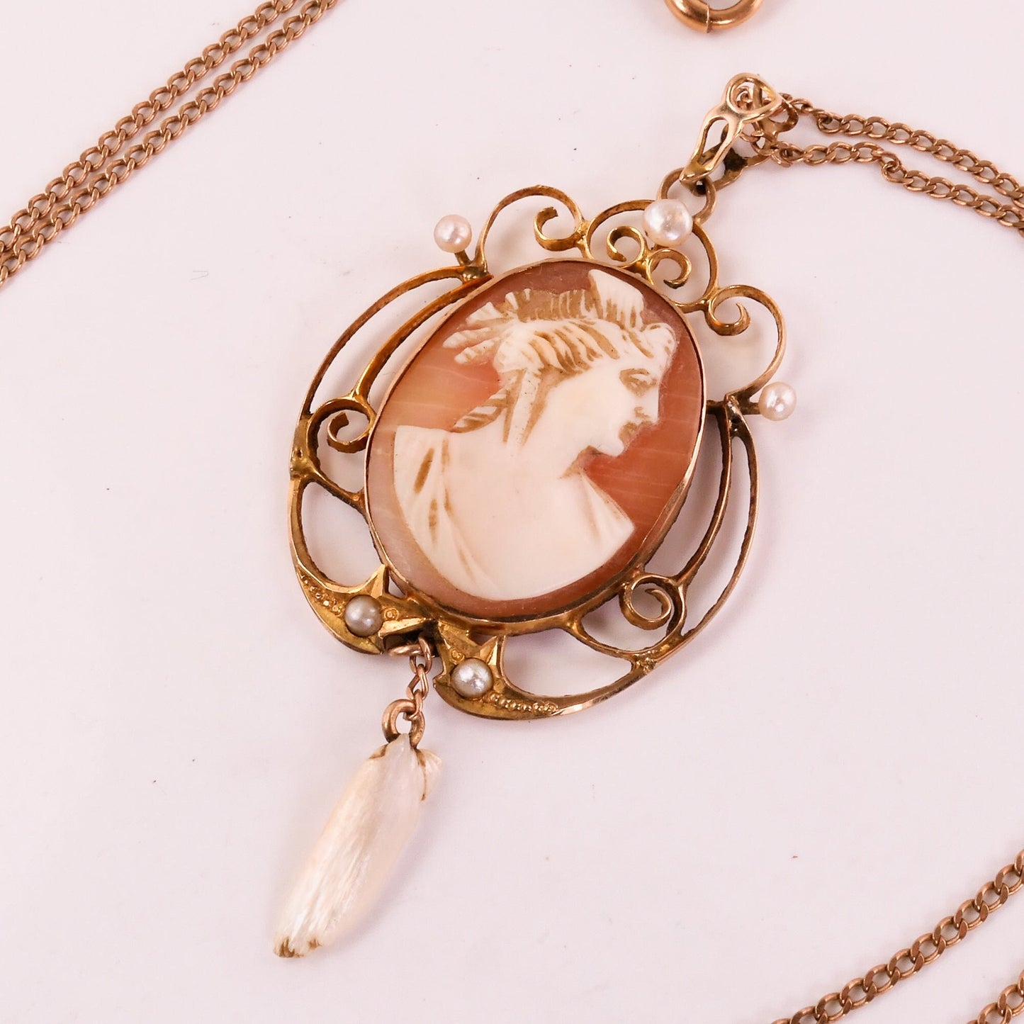 Antique Gold Cameo Lavalier Pendant Necklace with Seed and Tooth Pearls 10k & 14k Art Nouveau Necklace 18"