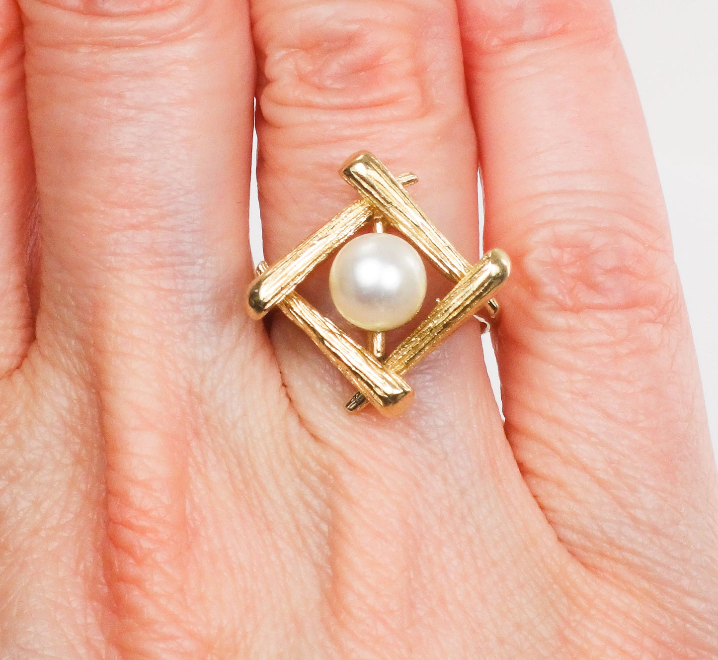 Vintage 14k Yellow Gold Cultured Pearl Ring Bridal Ring - 7 MM Saltwater Cultured Pearl Ring - Size 4.25
