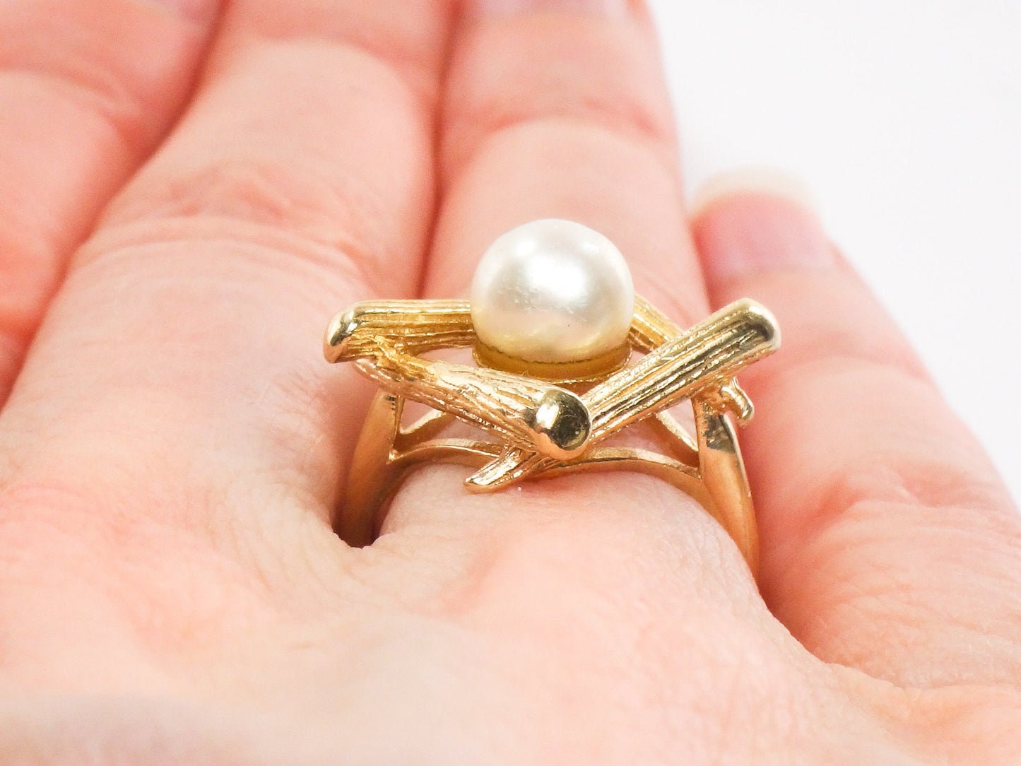 Vintage 14k Yellow Gold Cultured Pearl Ring Bridal Ring - 7 MM Saltwater Cultured Pearl Ring - Size 4.25