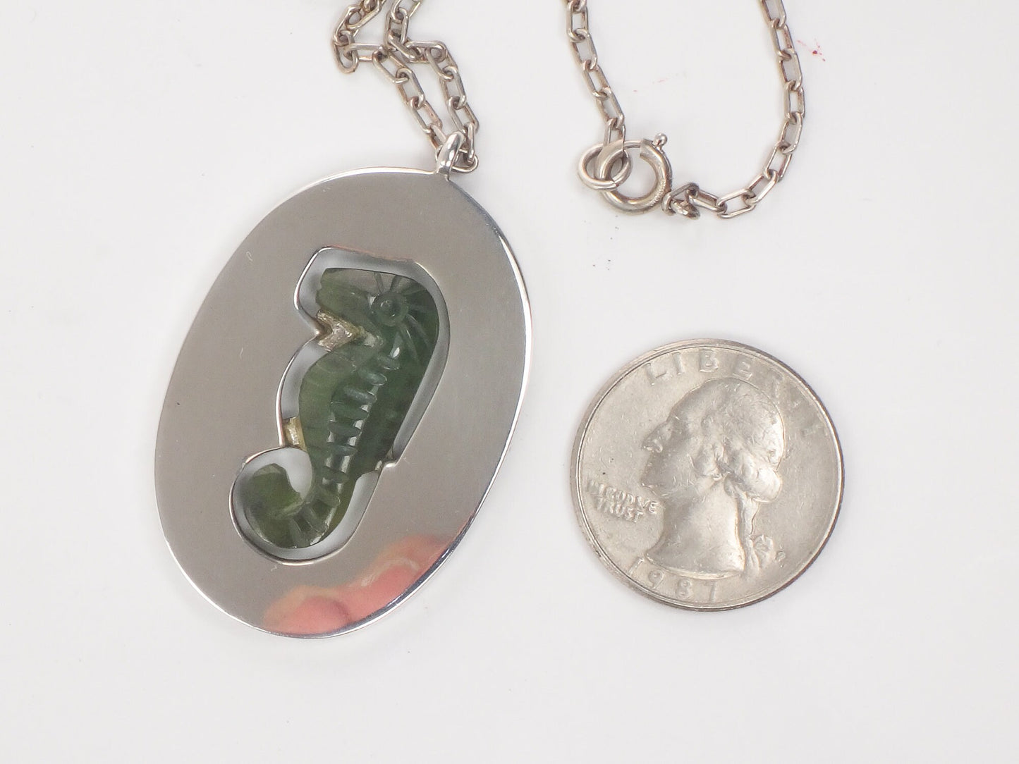 Vintage Large Sterling Silver Green Seahorse Pendant Necklace with Paperclip Chain, Carved Chrysoprase, 20.5"