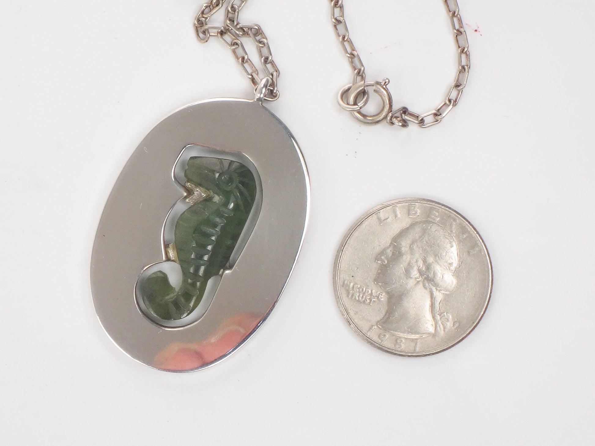 Vintage Large Sterling Silver Green Seahorse Pendant Necklace with Paperclip Chain, Carved Chrysoprase, 20.5"
