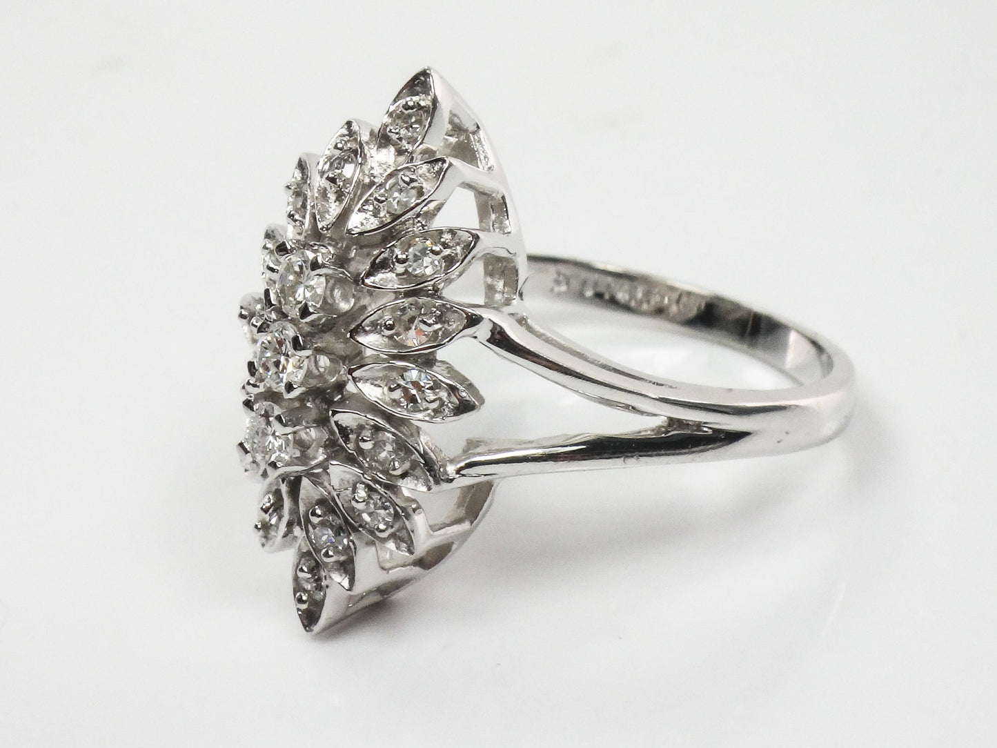 Vintage Marquise Shaped Natural Diamond Cluster Ring, 14k White Gold Everyday Ring Approx 1/3 Carat TDW