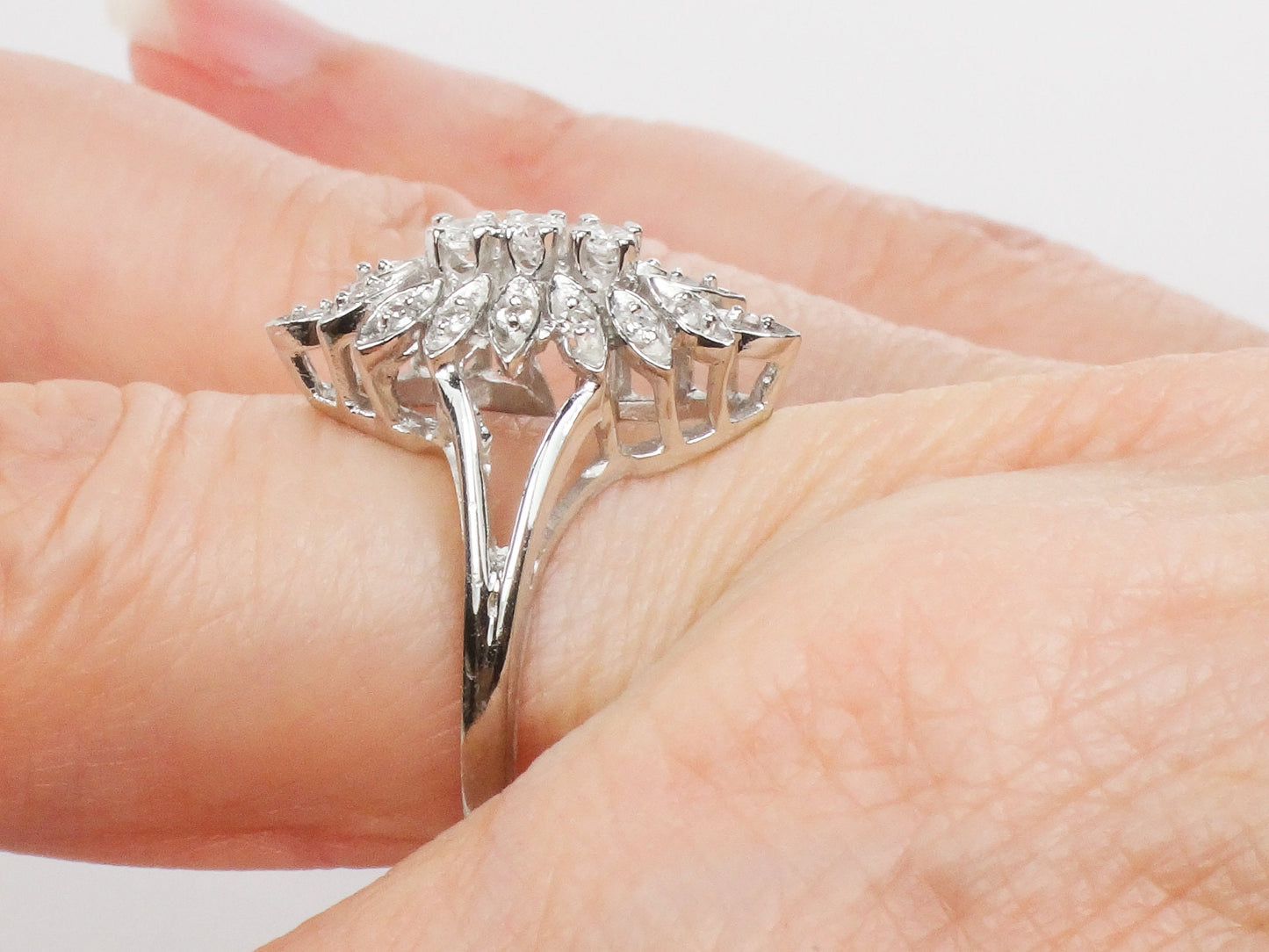 Vintage Marquise Shaped Natural Diamond Cluster Ring, 14k White Gold Everyday Ring Approx 1/3 Carat TDW