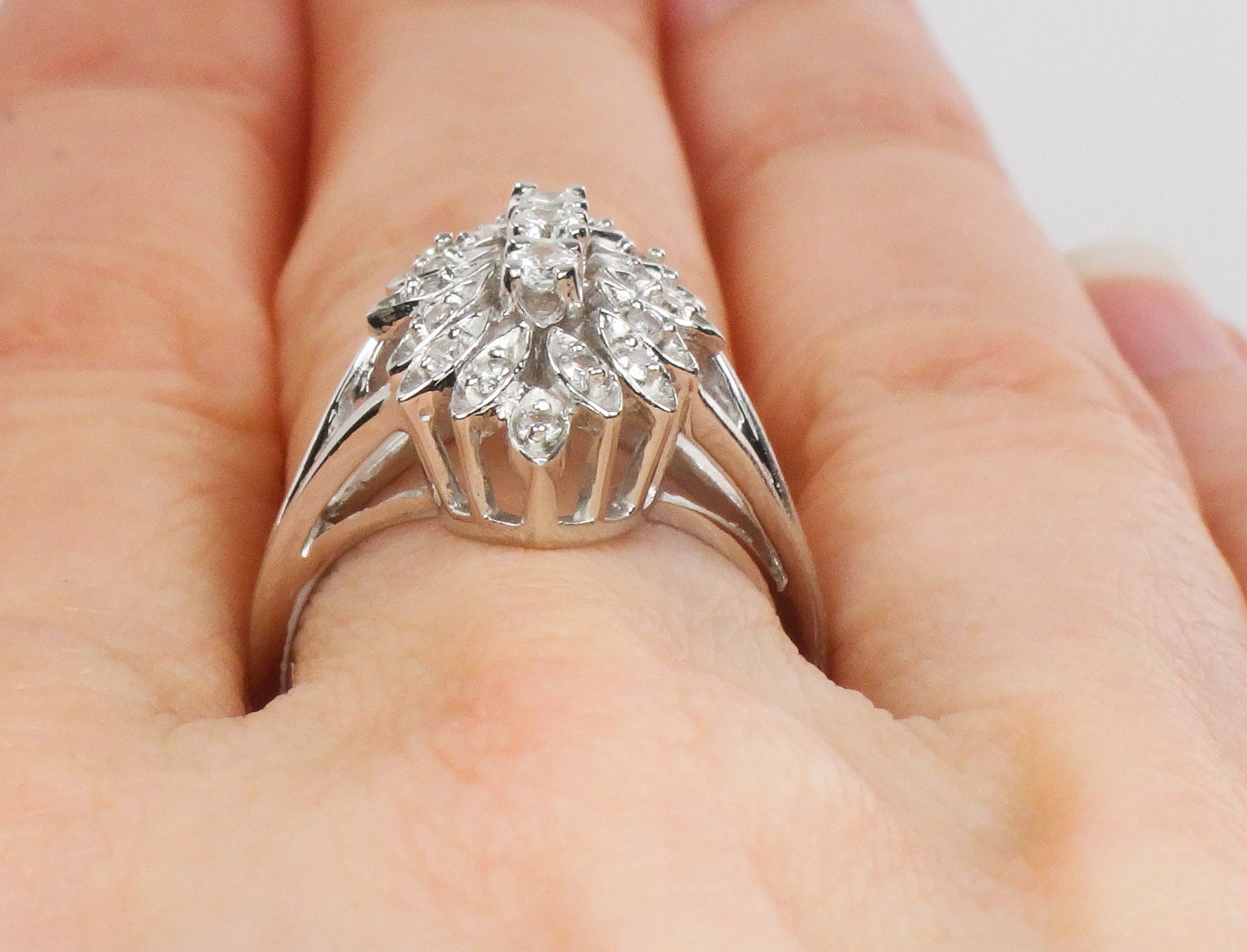 Vintage Marquise Shaped Natural Diamond Cluster Ring, 14k White Gold Everyday Ring Approx 1/3 Carat TDW