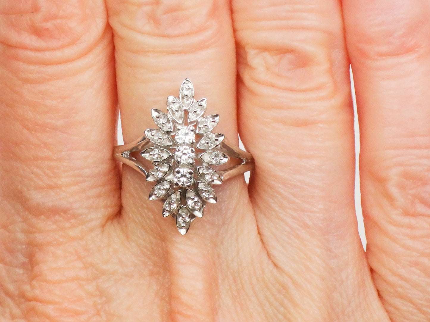 Vintage Marquise Shaped Natural Diamond Cluster Ring, 14k White Gold Everyday Ring Approx 1/3 Carat TDW