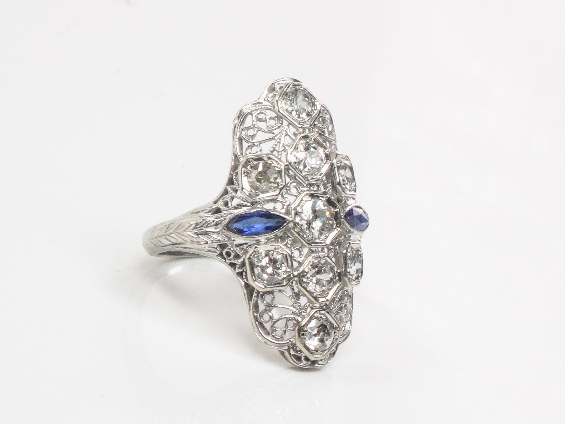 Art Deco Diamond Ring: 18k White Gold Filigree, Sapphire Accents