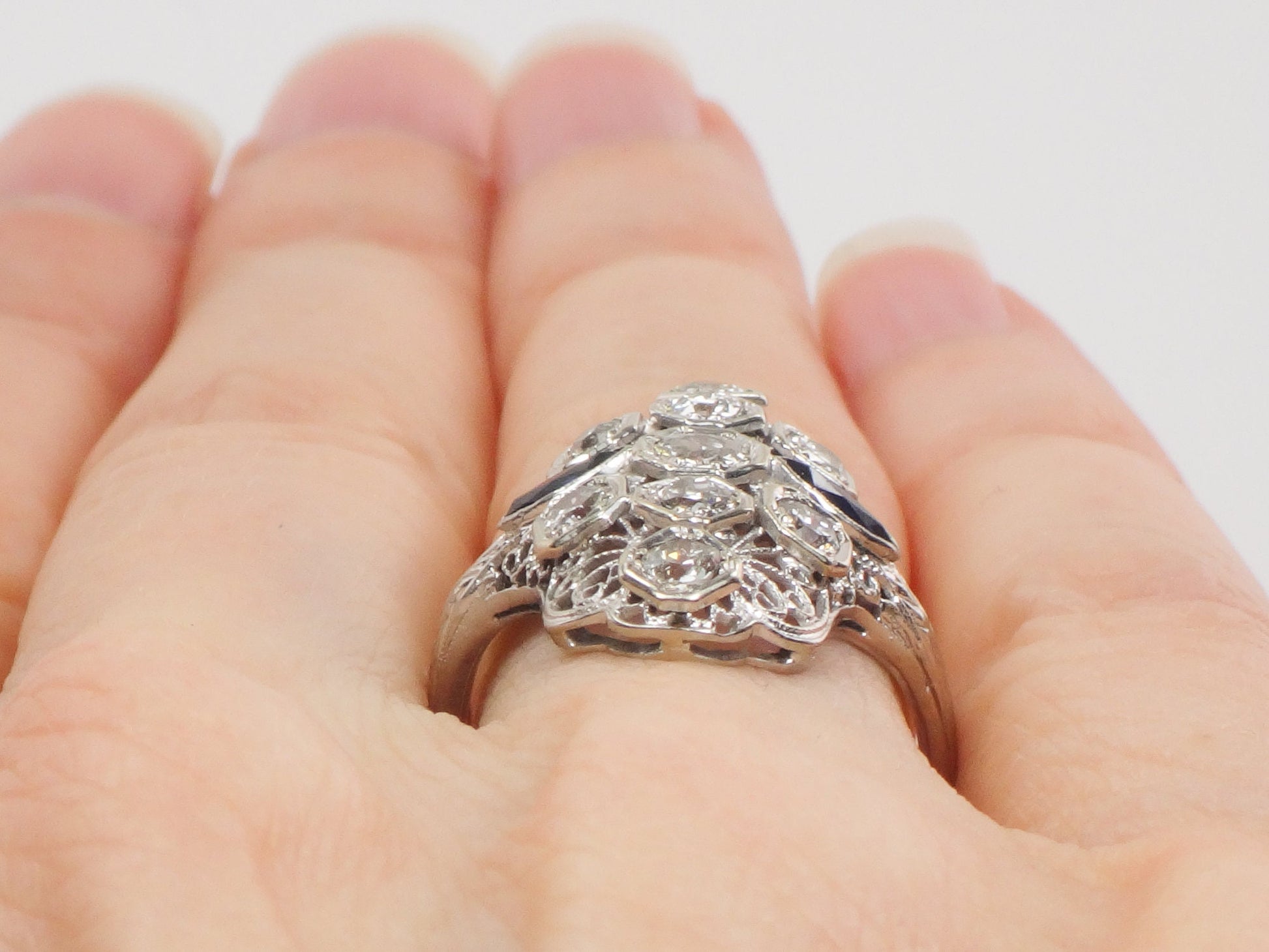 Art Deco Diamond Ring: 18k White Gold Filigree, Sapphire Accents