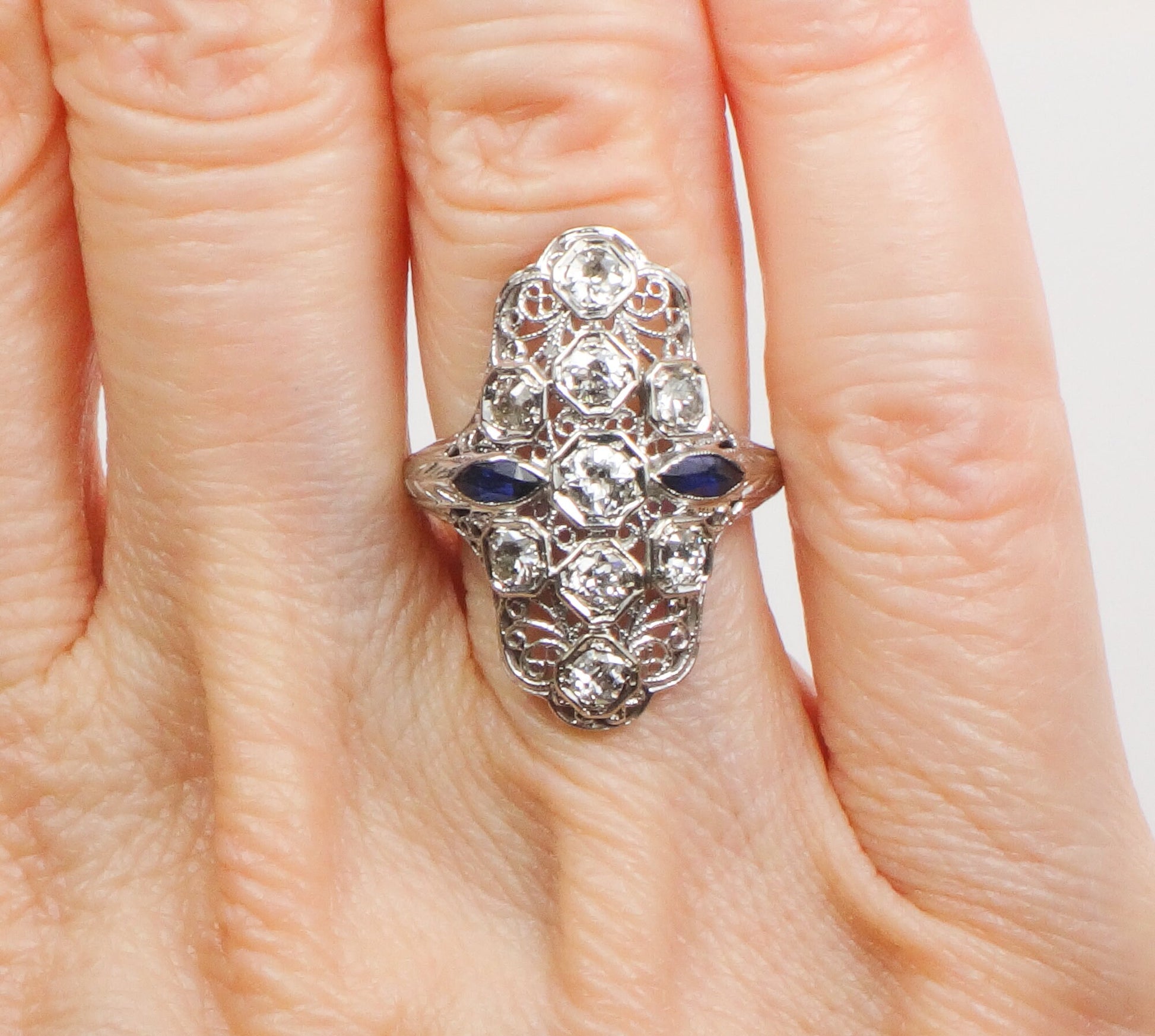 Art Deco Diamond Ring: 18k White Gold Filigree, Sapphire Accents