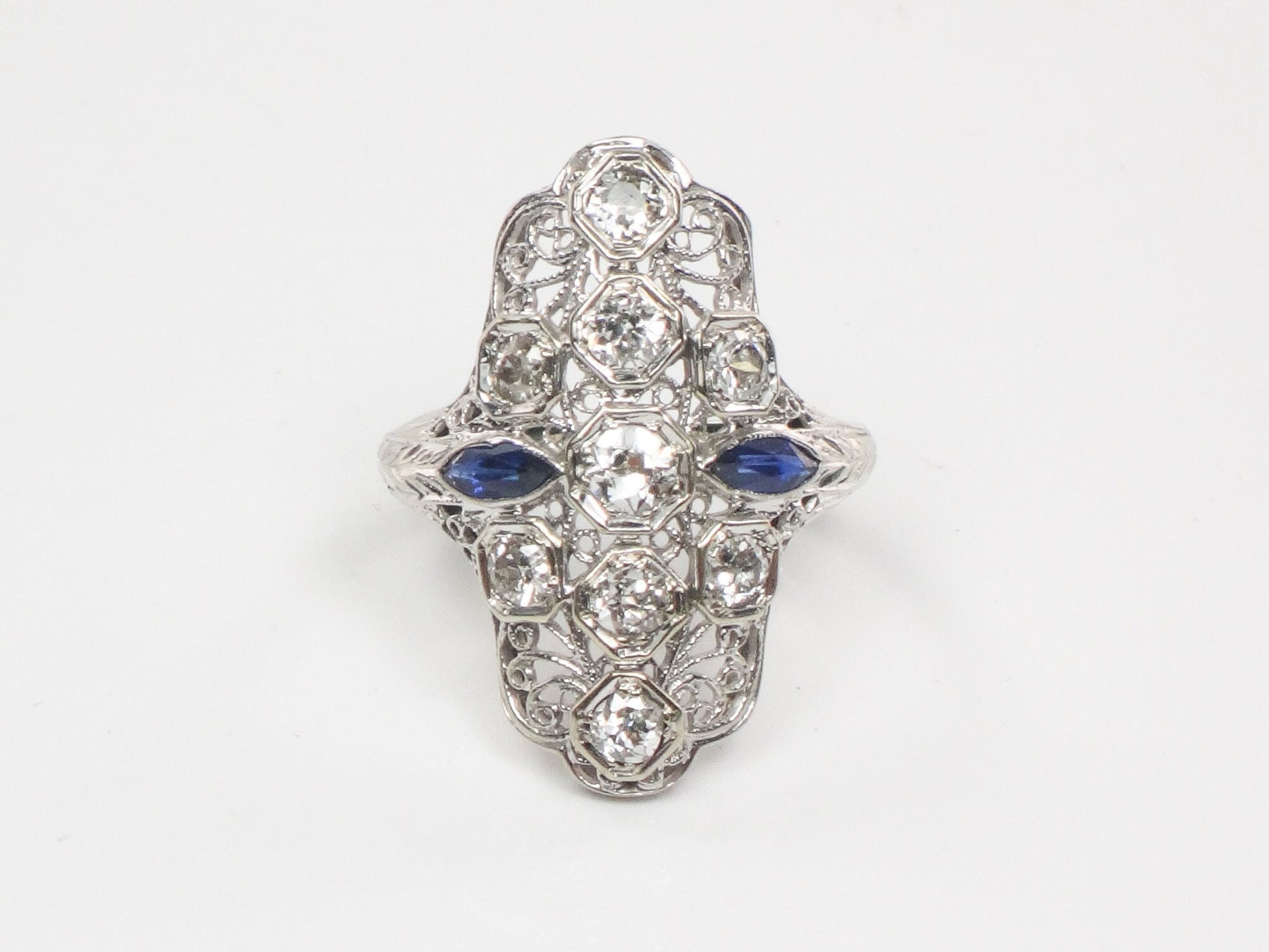 Art Deco Diamond Ring: 18k White Gold Filigree, Sapphire Accents