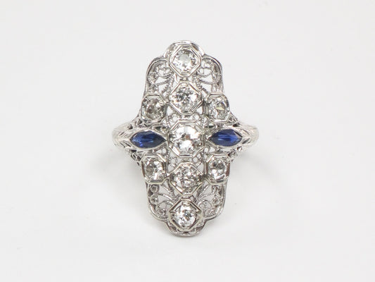 Art Deco Diamond Ring: 18k White Gold Filigree, Sapphire Accents