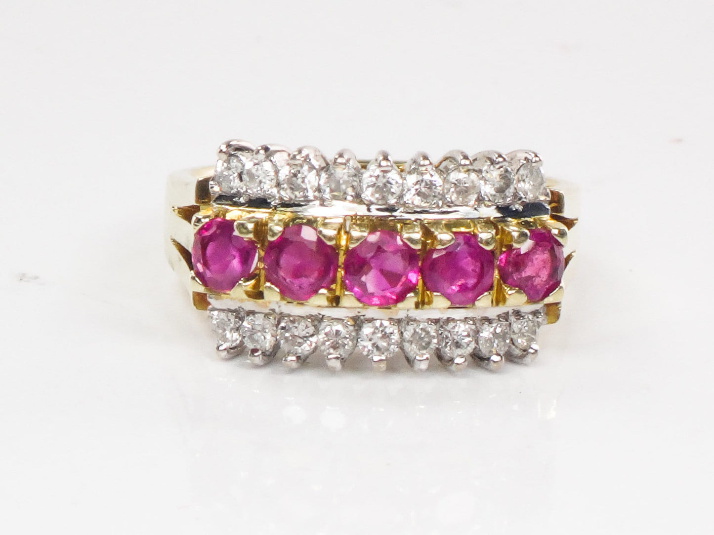 Vintage 14k Two Tone Gold Ruby Diamond Ring - Retro Wide Band