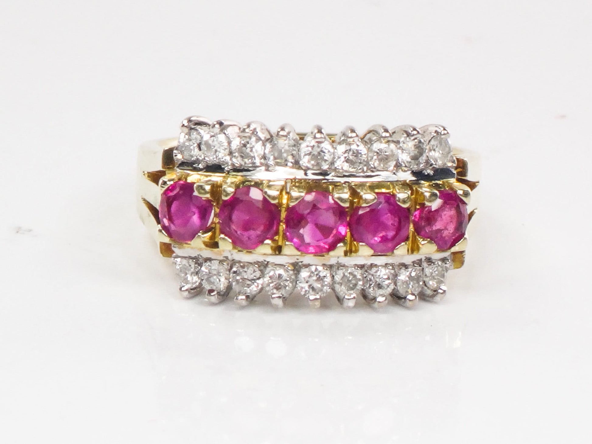 Vintage 14k Two Tone Gold Ruby Diamond Ring - Retro Wide Band
