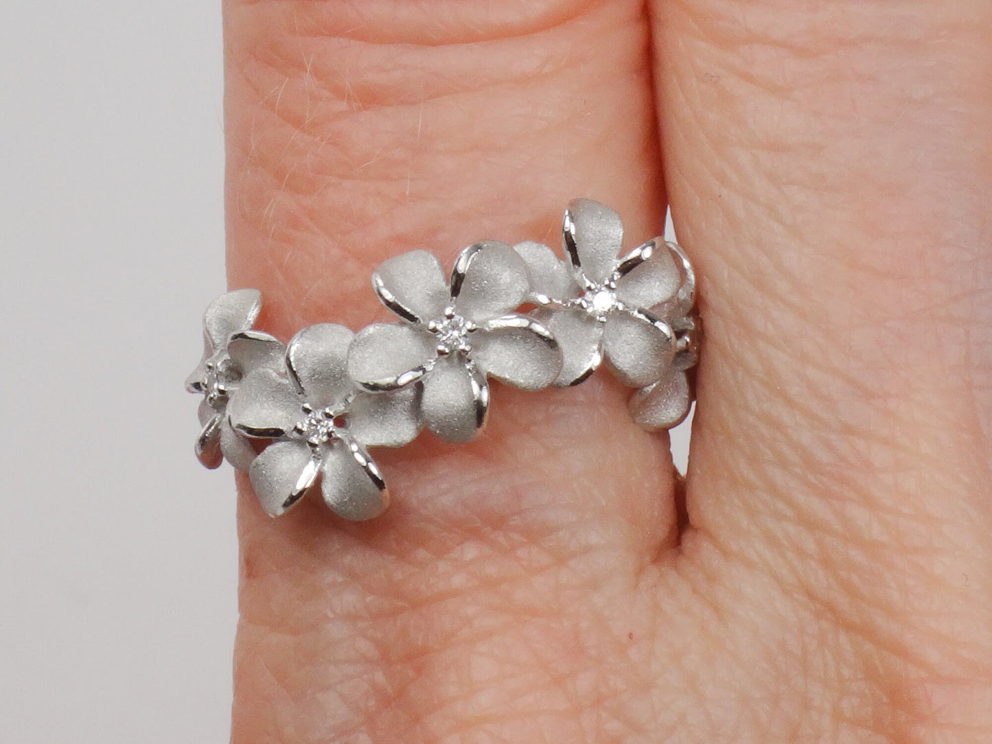 Vintage Denny Wong 14k White Gold Diamond Plumeria Flower Ring, Size 6