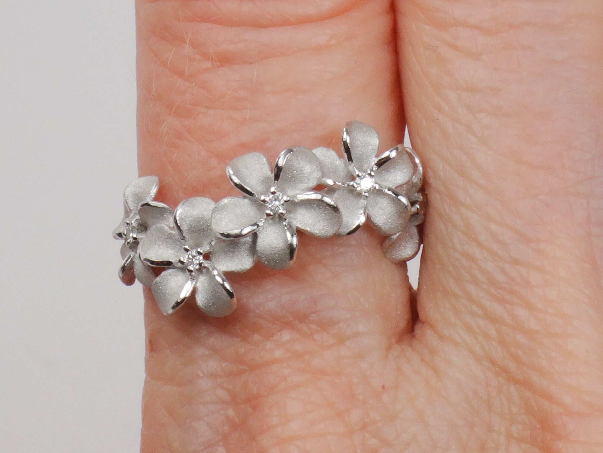Vintage Denny Wong 14k White Gold Diamond Plumeria Flower Ring, Size 6