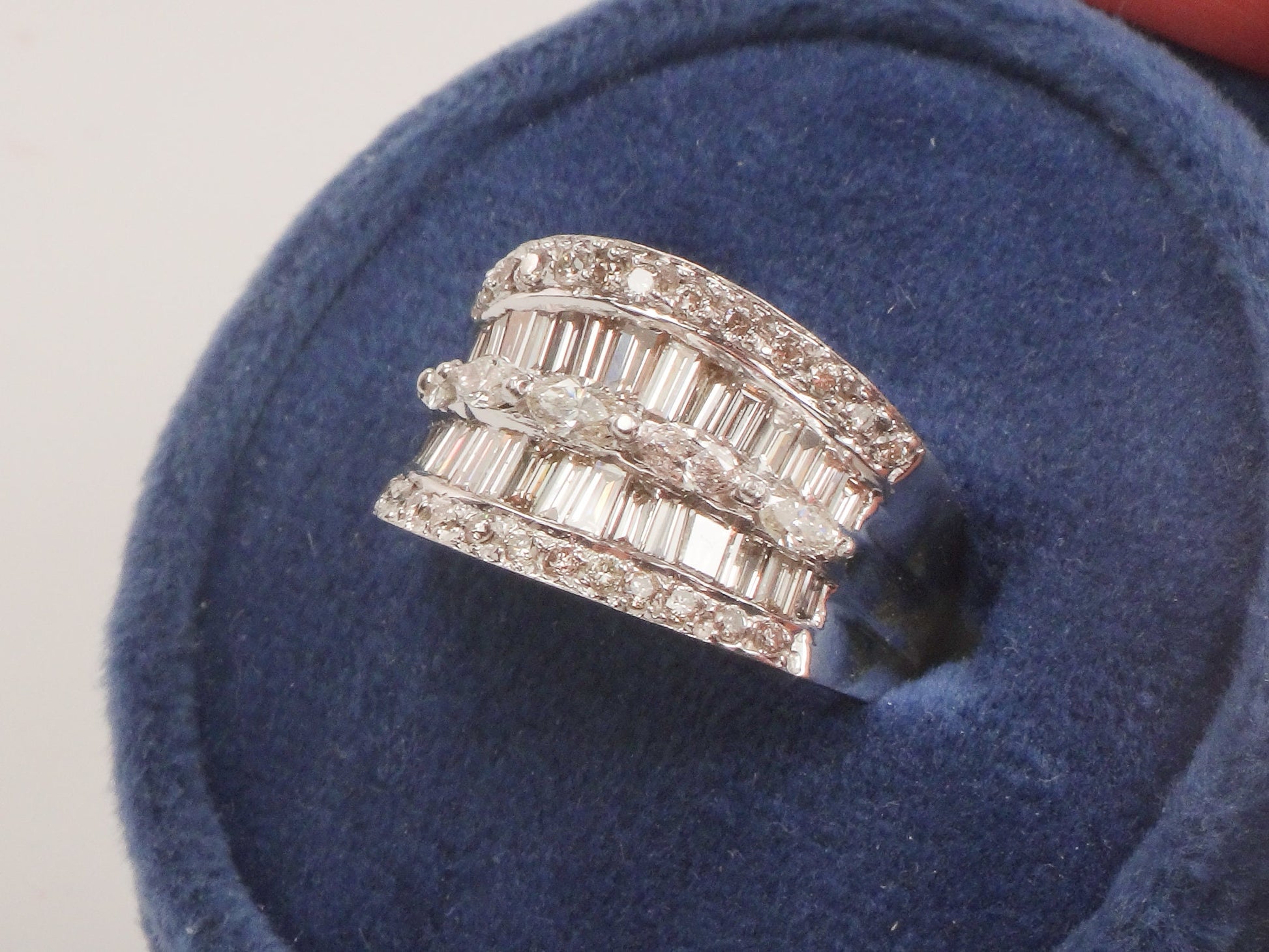 Vintage 14k White Gold Wide Natural Diamond Band with Marquise Baguette and Round Cuts Anniversary Ring 2 Carat TDW Size 6.75