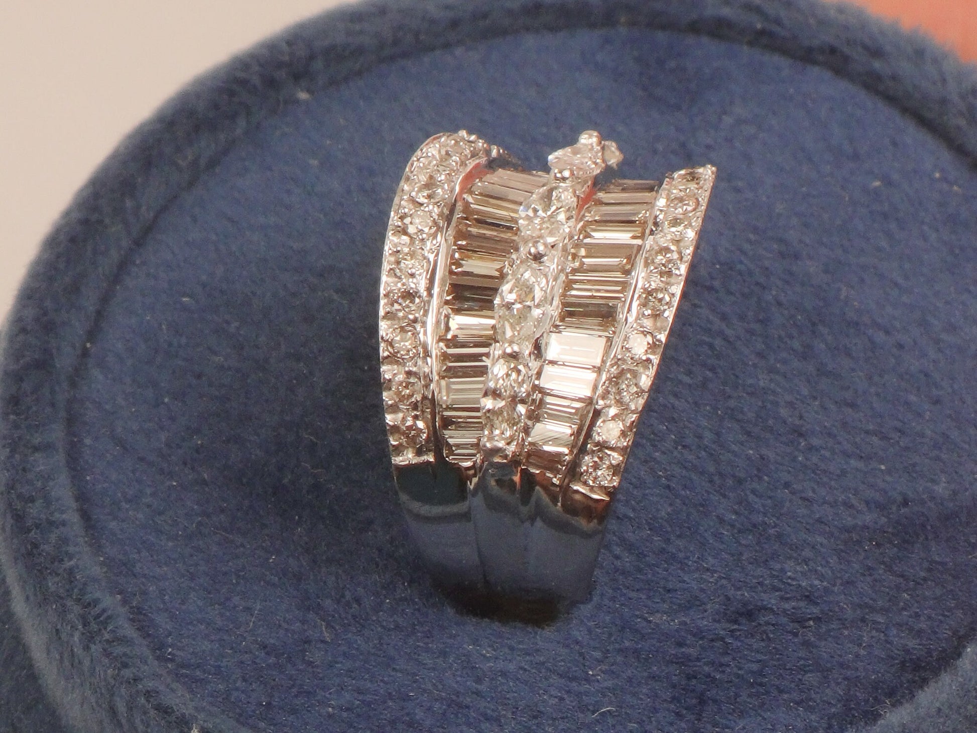 Vintage 14k White Gold Wide Natural Diamond Band with Marquise Baguette and Round Cuts Anniversary Ring 2 Carat TDW Size 6.75