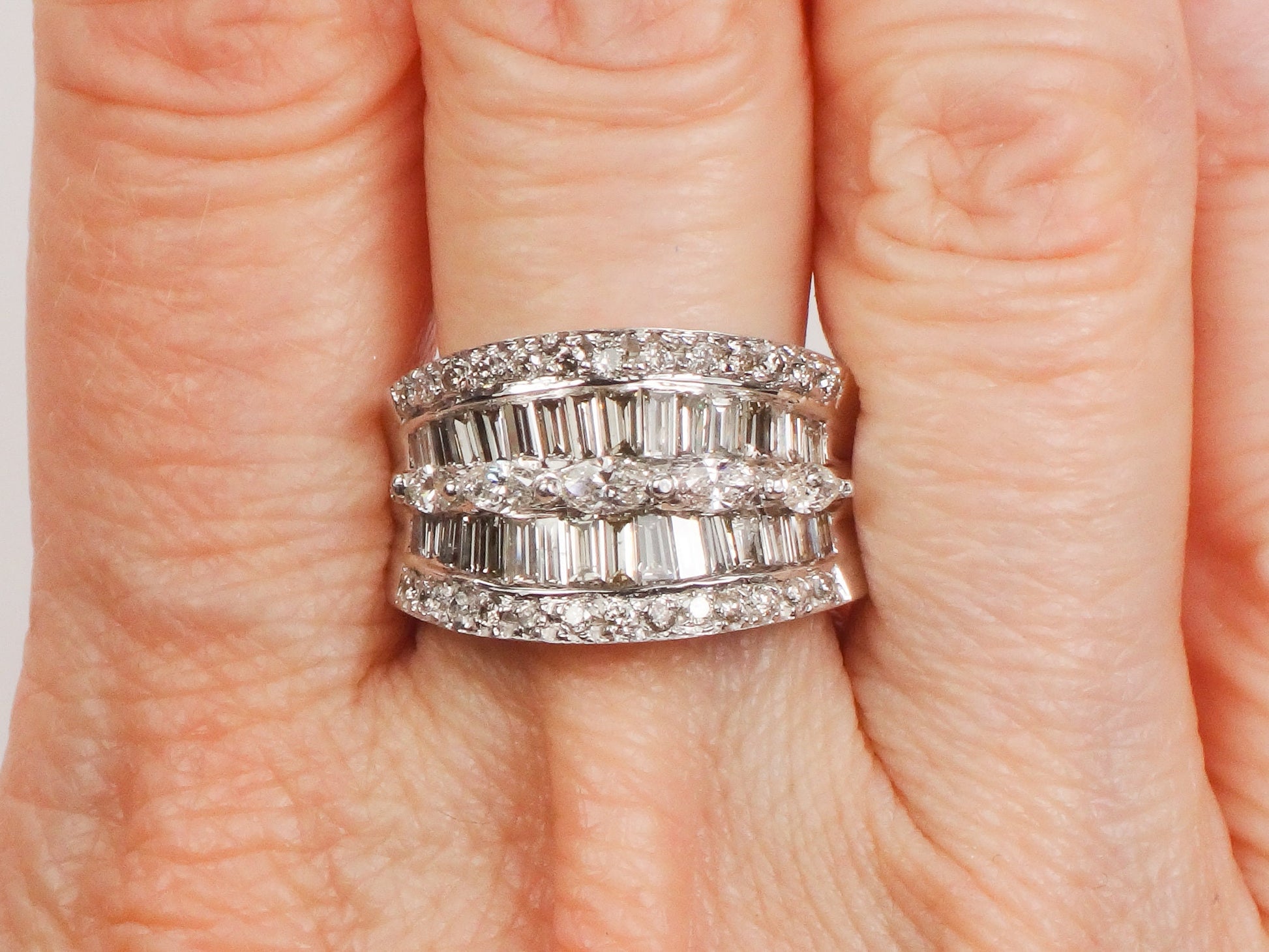 Vintage 14k White Gold Wide Natural Diamond Band with Marquise Baguette and Round Cuts Anniversary Ring 2 Carat TDW Size 6.75