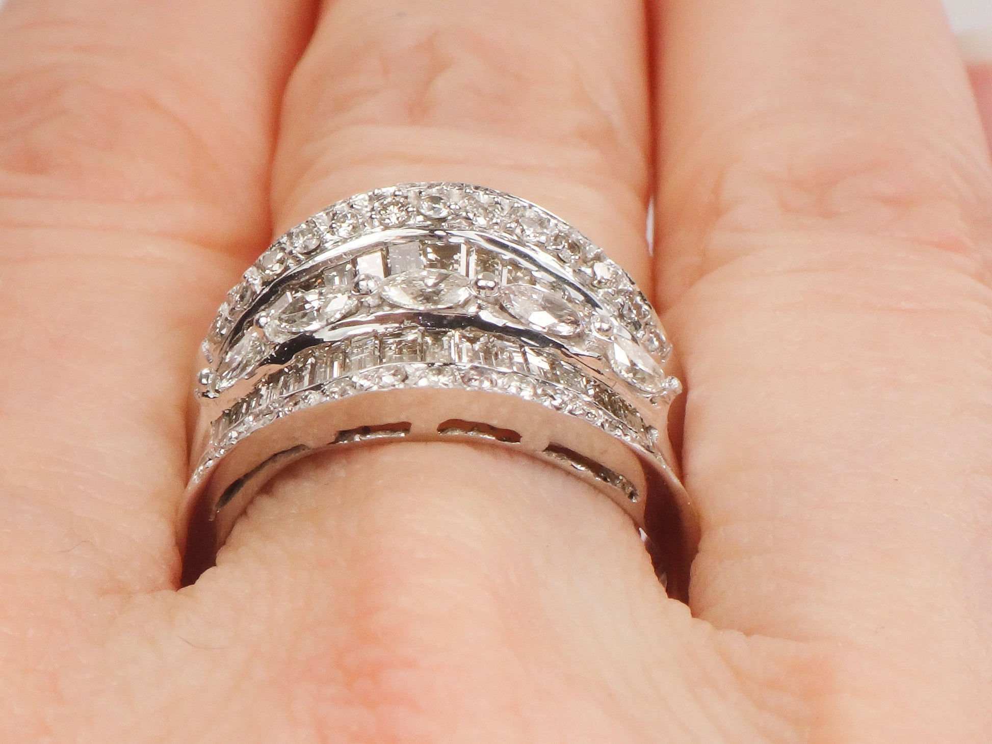 Vintage 14k White Gold Wide Natural Diamond Band with Marquise Baguette and Round Cuts Anniversary Ring 2 Carat TDW Size 6.75