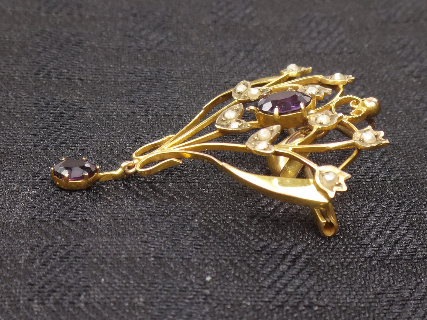 Antique Victorian 9ct Gold Seed Pearl and Purple Glass Floral Pendant Pin