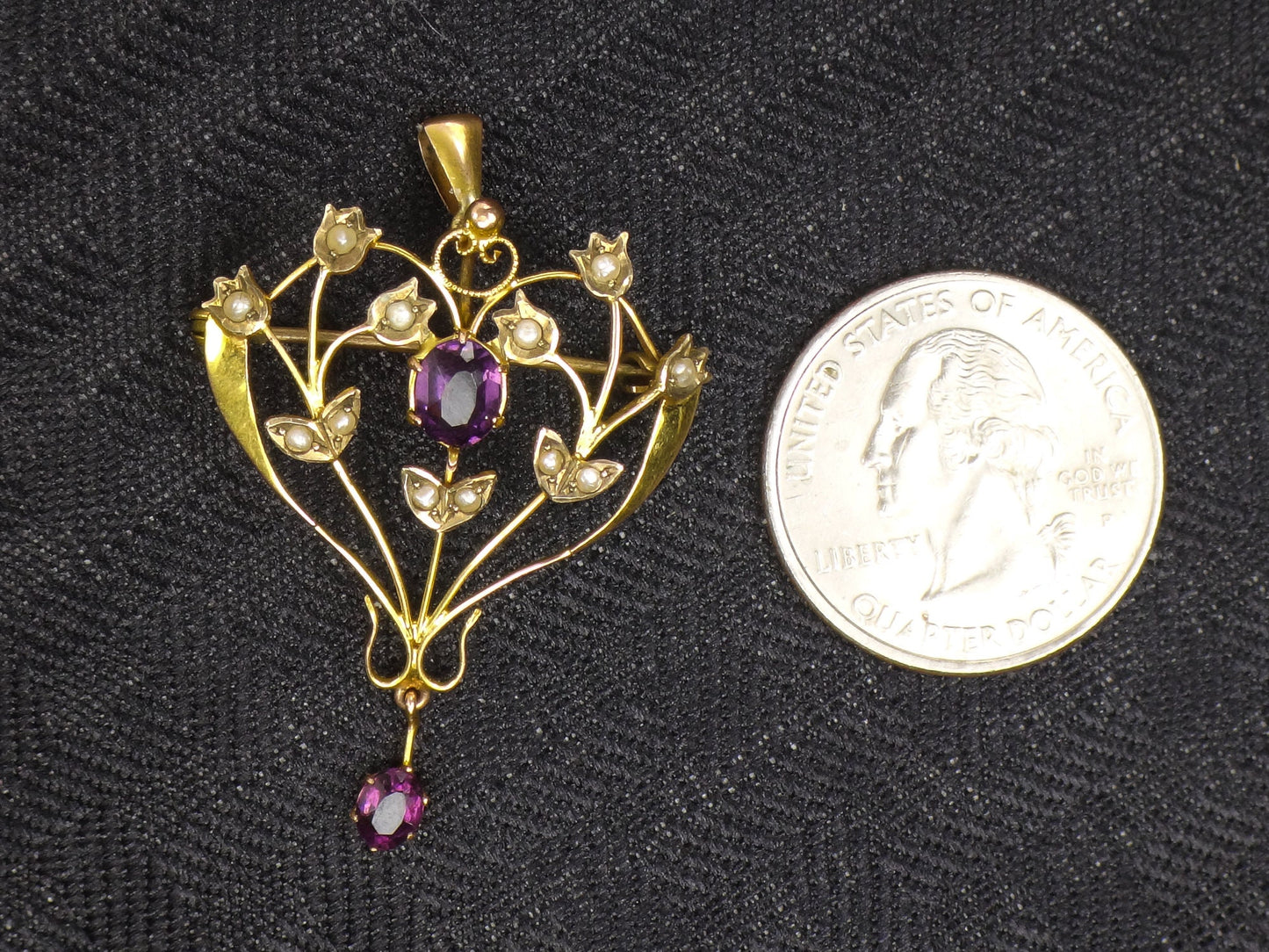 Antique Victorian 9ct Gold Seed Pearl and Purple Glass Floral Pendant Pin