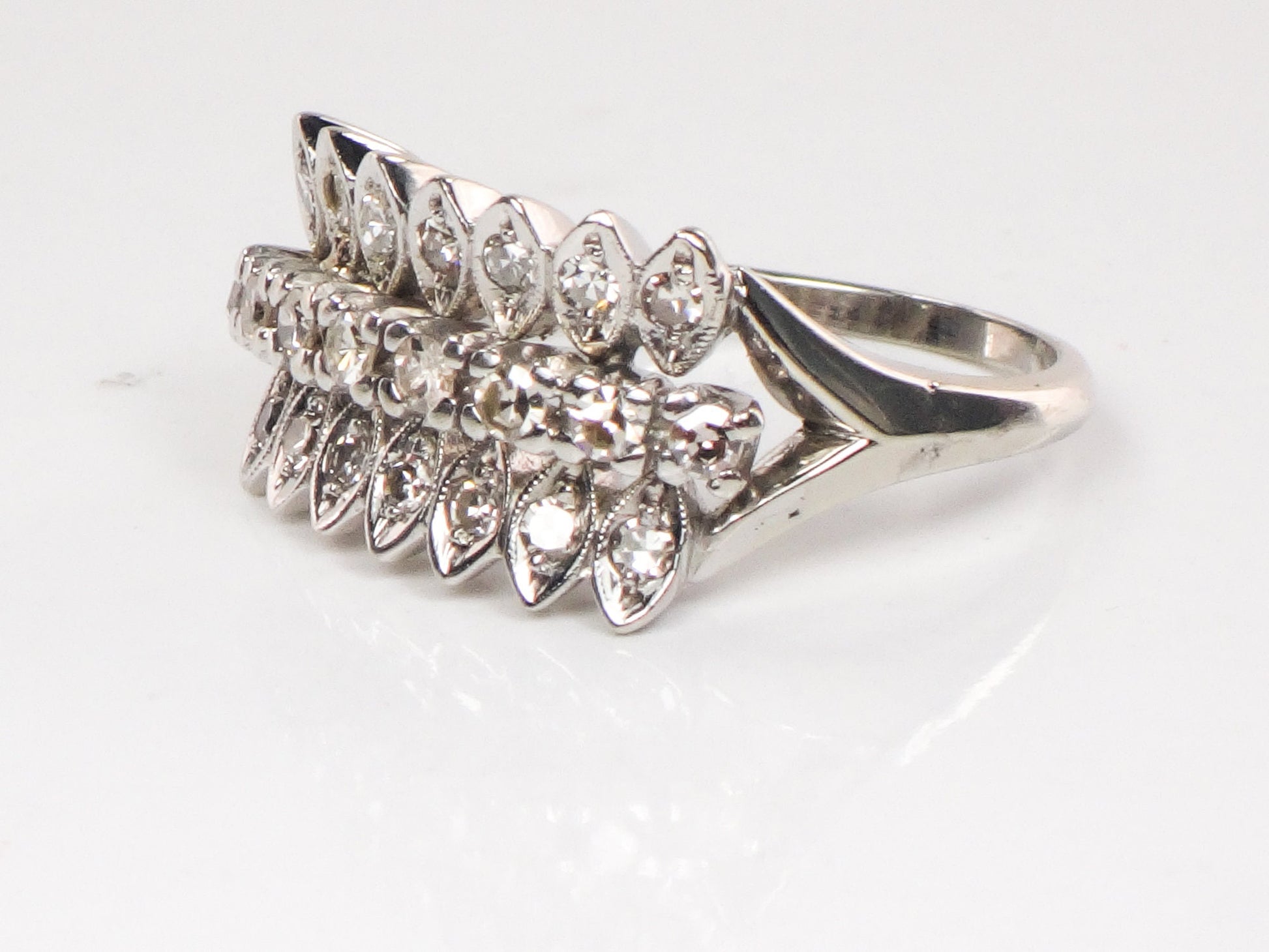 Vintage 14k White Gold Diamond Wedding Band Ring (Three Row Design, Size 7)