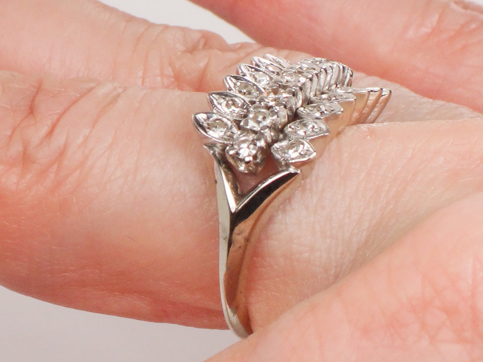 Vintage 14k White Gold Diamond Wedding Band Ring (Three Row Design, Size 7)