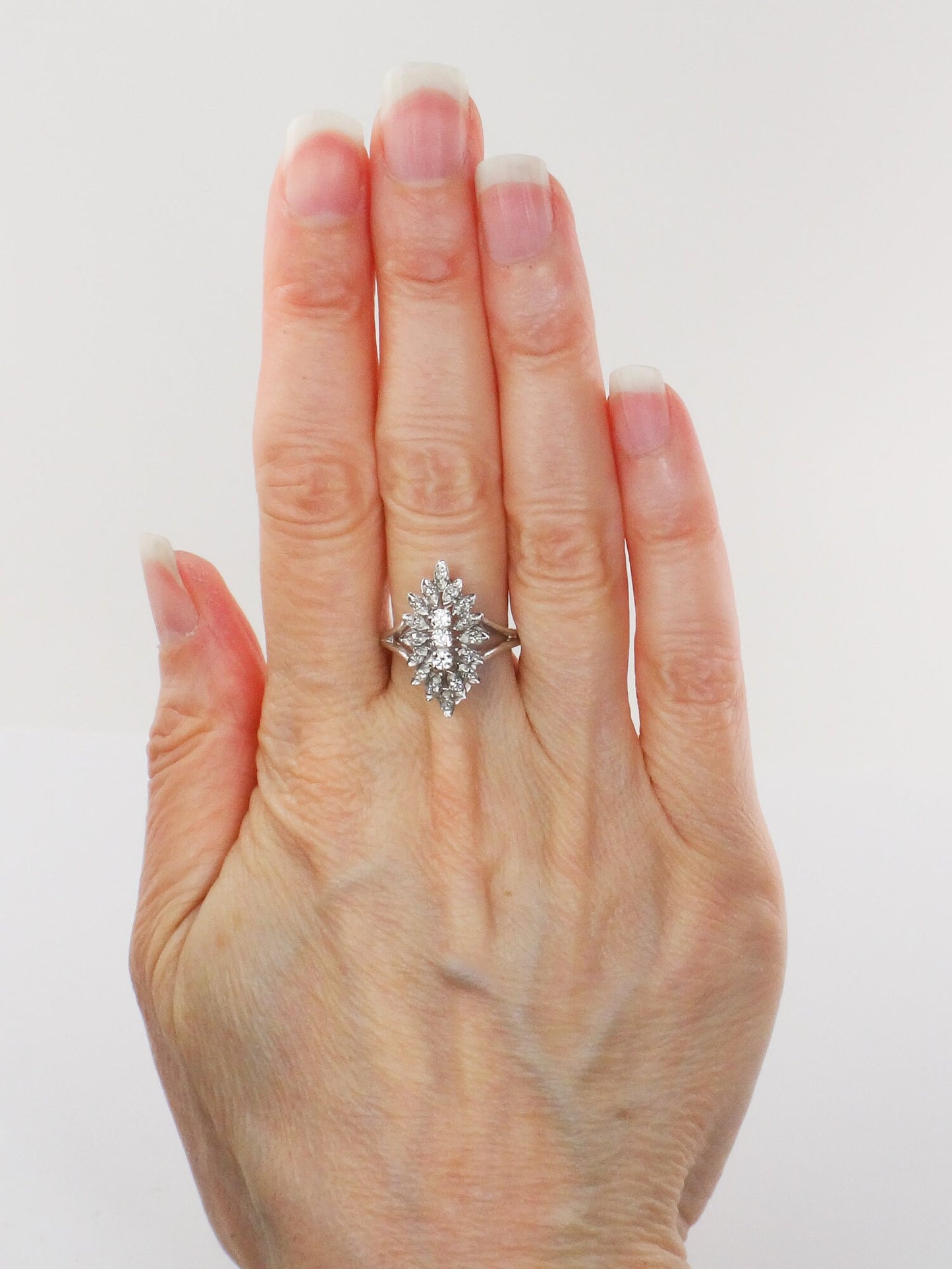 Vintage Marquise Shaped Natural Diamond Cluster Ring, 14k White Gold Everyday Ring Approx 1/3 Carat TDW