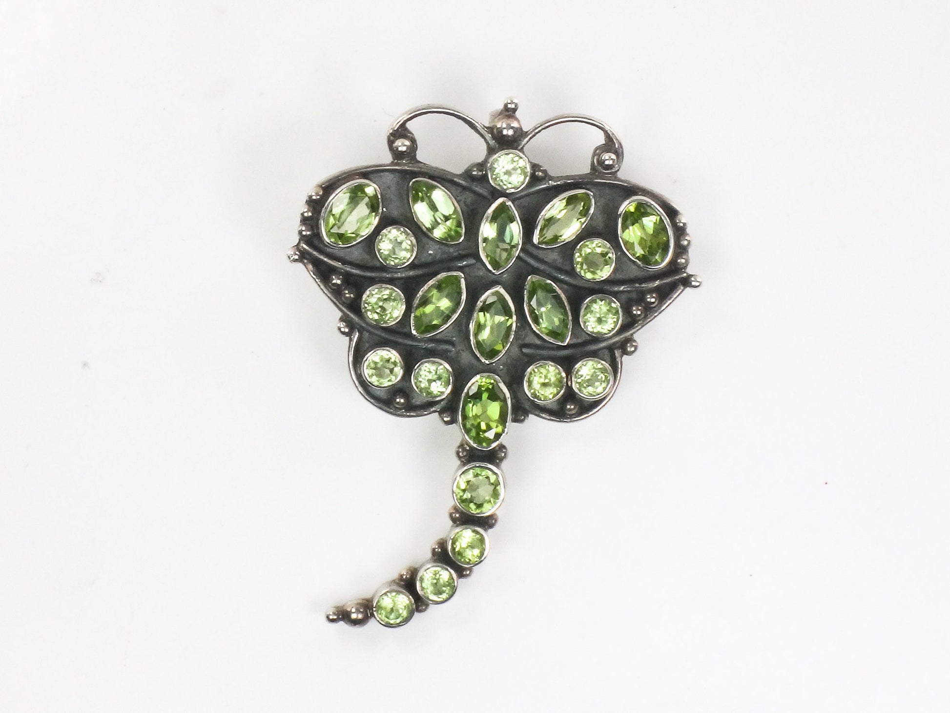 Vintage Large Sterling Silver Peridot Dragonfly Pendant / Pin 925 Green Stone Pendant