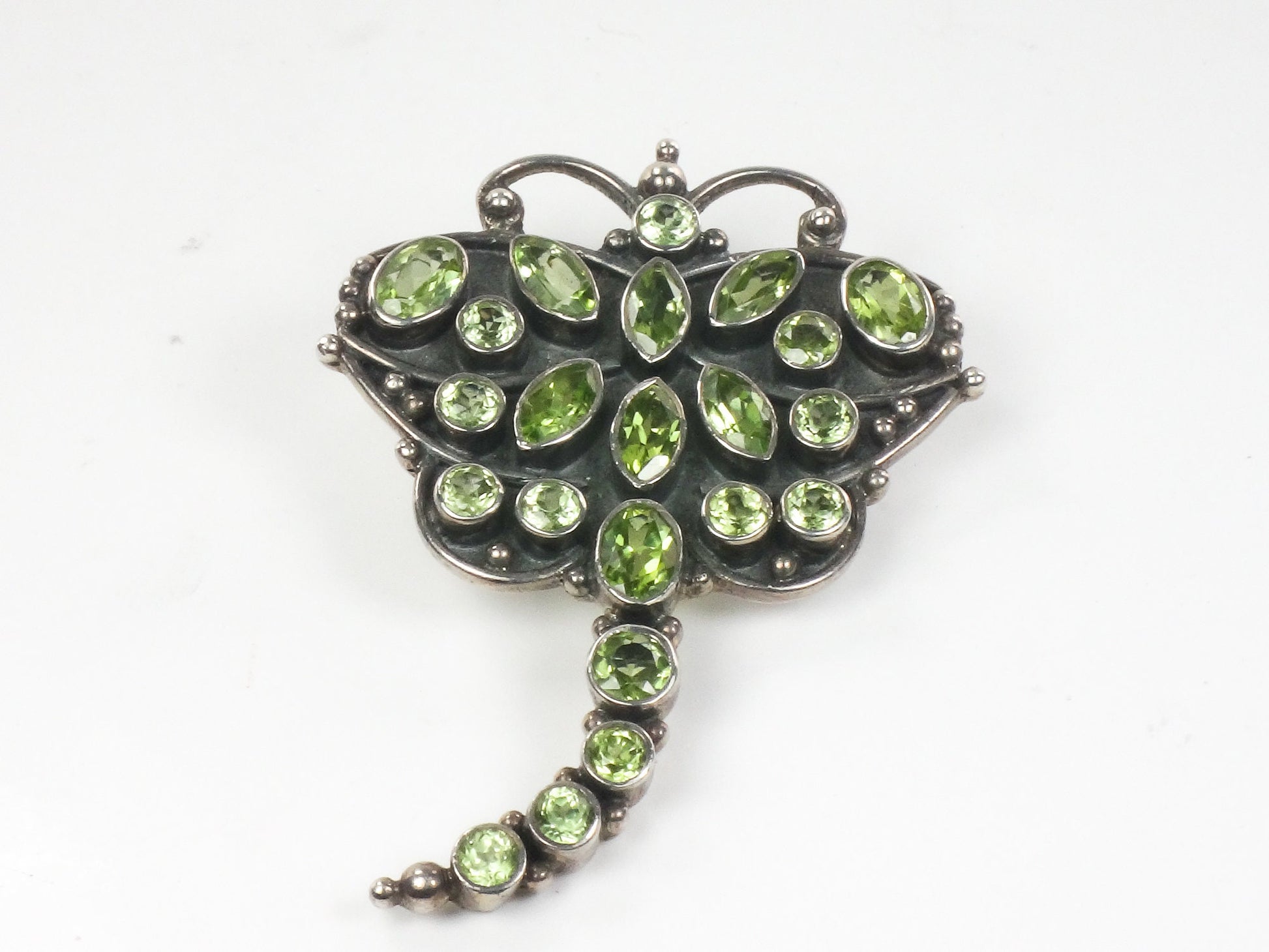 Vintage Large Sterling Silver Peridot Dragonfly Pendant / Pin 925 Green Stone Pendant