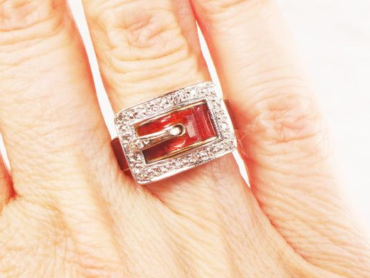 Vintage 18k Gold Diamond Buckle Ring: Red Enamel Wedding Band, Size 5.5