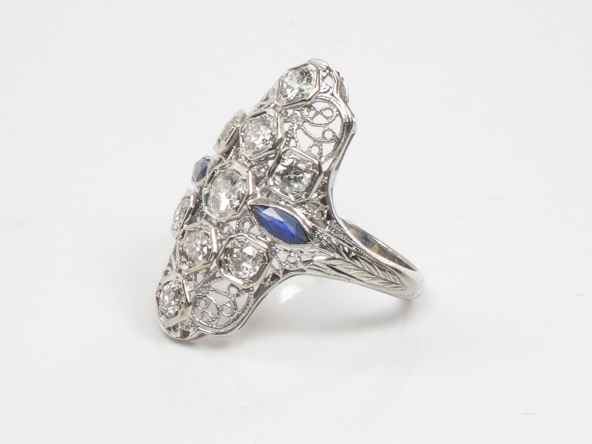 Art Deco Diamond Ring: 18k White Gold Filigree, Sapphire Accents