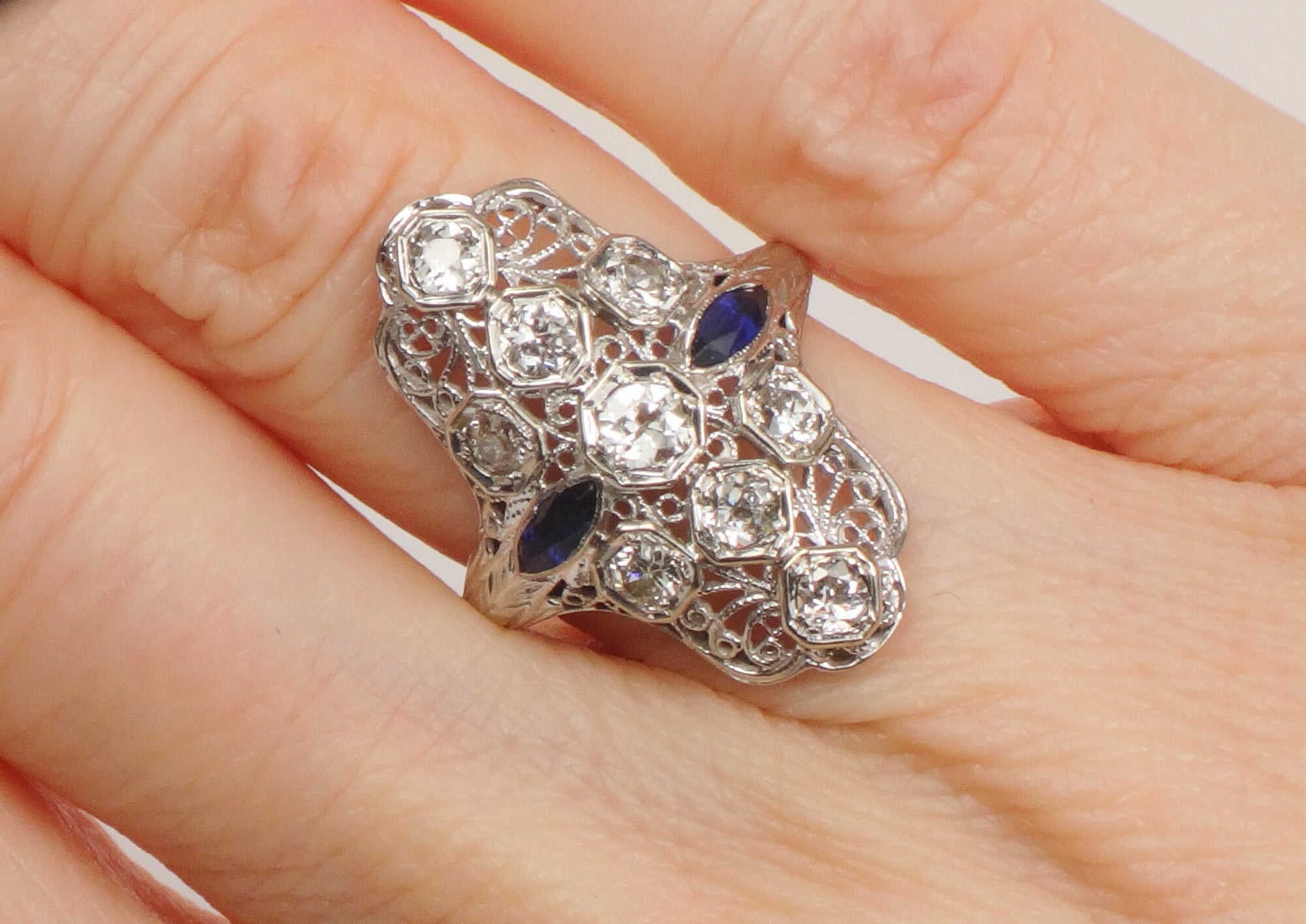 Art Deco Diamond Ring: 18k White Gold Filigree, Sapphire Accents