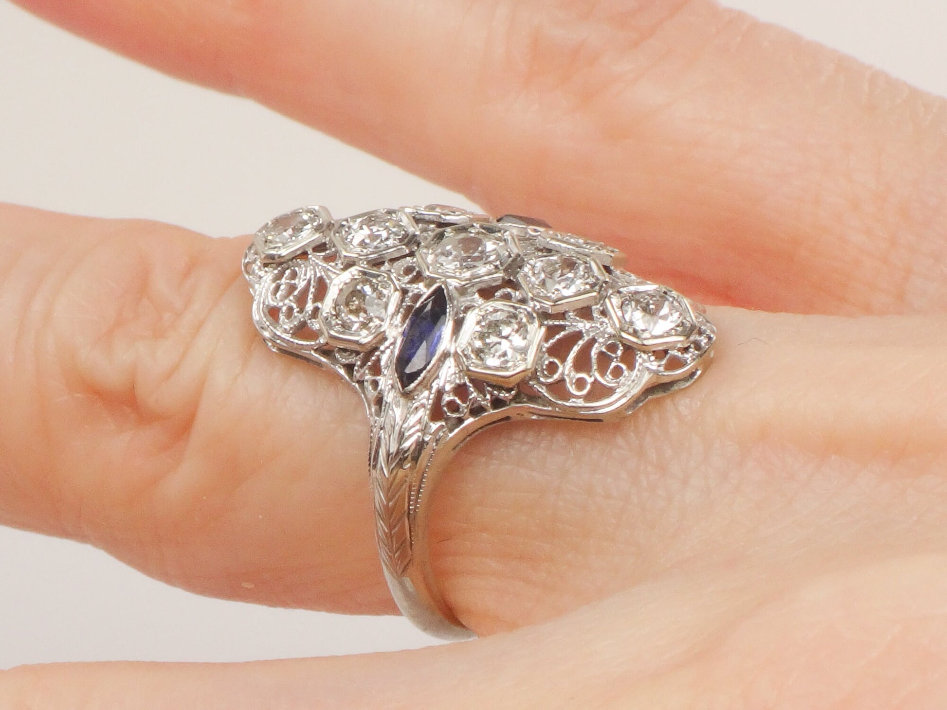 Art Deco Diamond Ring: 18k White Gold Filigree, Sapphire Accents