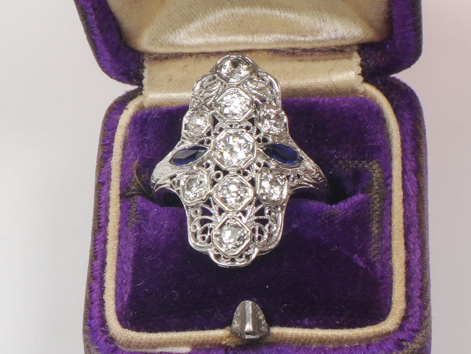 Art Deco Diamond Ring: 18k White Gold Filigree, Sapphire Accents