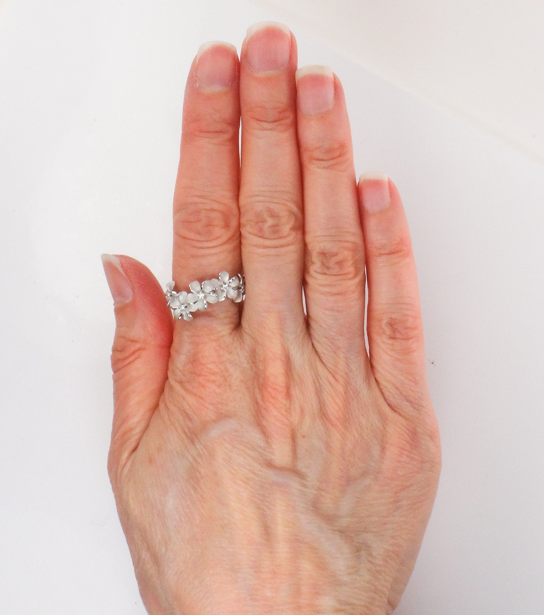 Vintage Denny Wong 14k White Gold Diamond Plumeria Flower Ring, Size 6