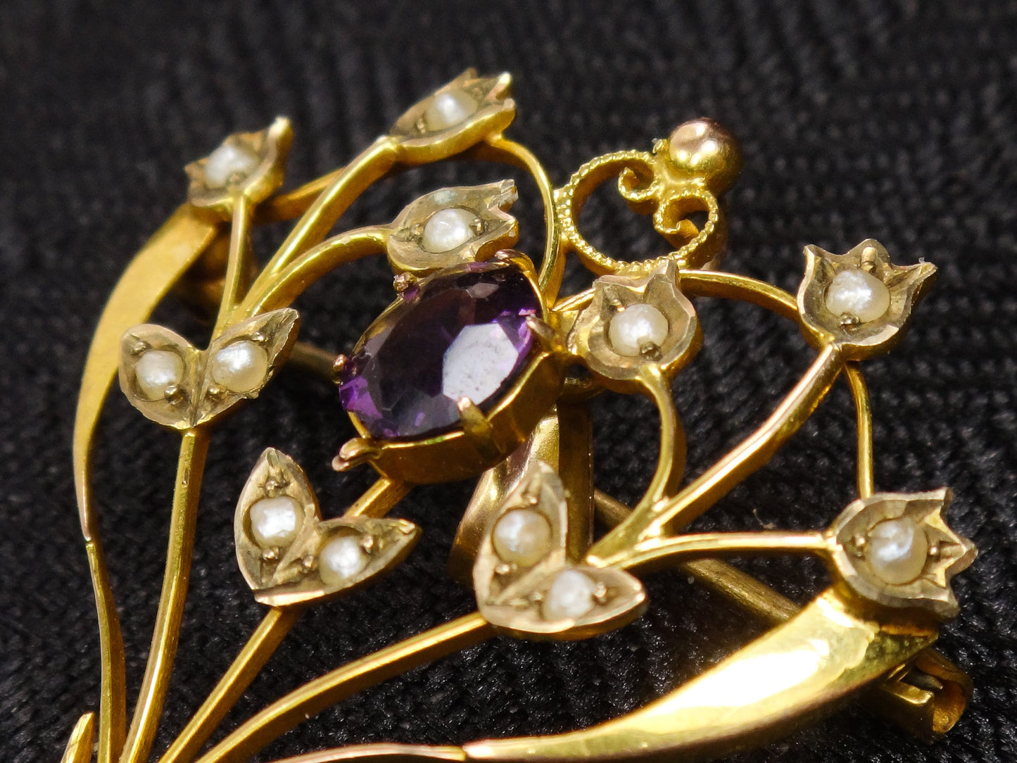 Antique Victorian 9ct Gold Seed Pearl and Purple Glass Floral Pendant Pin