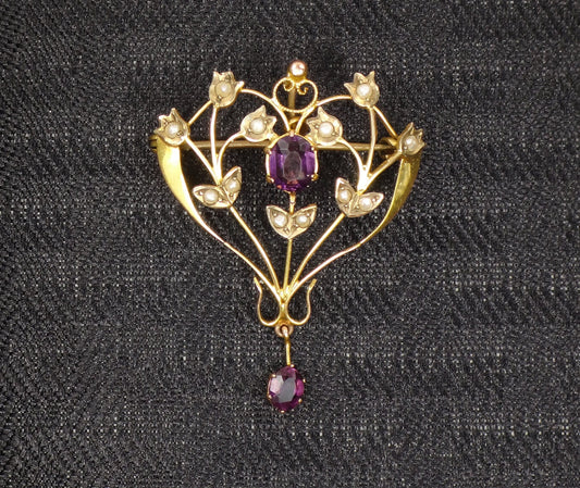 Antique Victorian 9ct Gold Seed Pearl and Purple Glass Floral Pendant Pin
