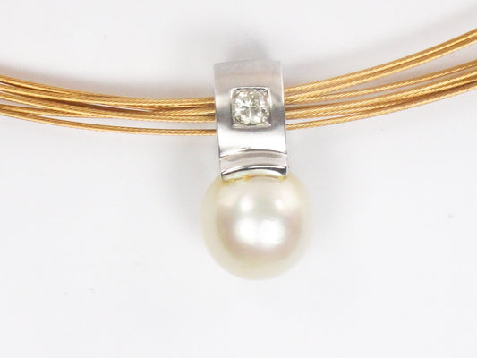 Vintage 18k Gold Pearl Diamond Pendant Necklace: 9.5mm Saltwater Pearl Bridal Jewelry