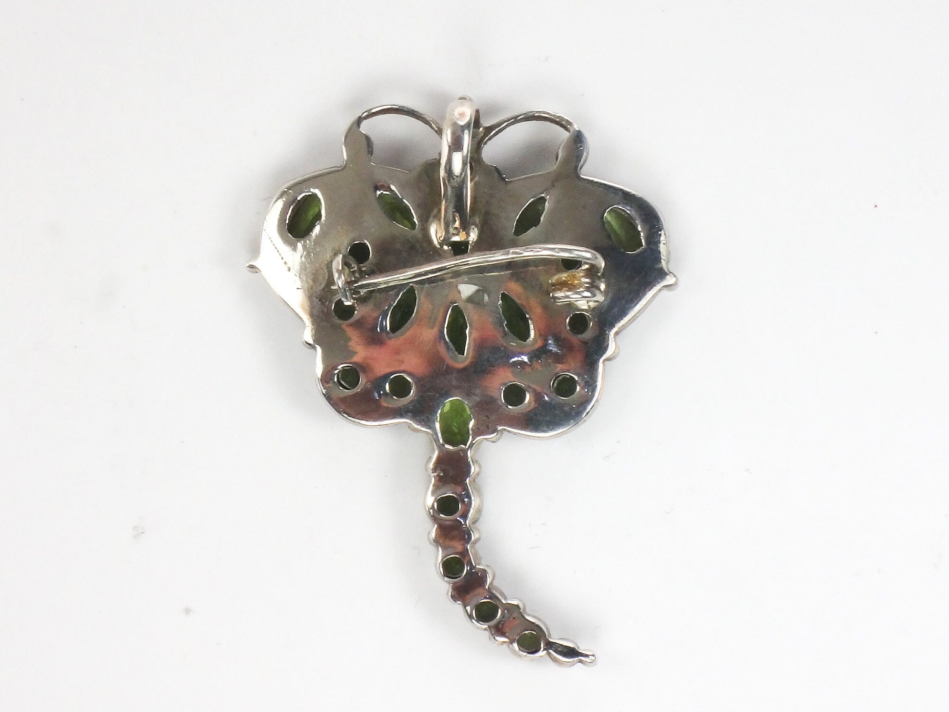 Vintage Large Sterling Silver Peridot Dragonfly Pendant / Pin 925 Green Stone Pendant
