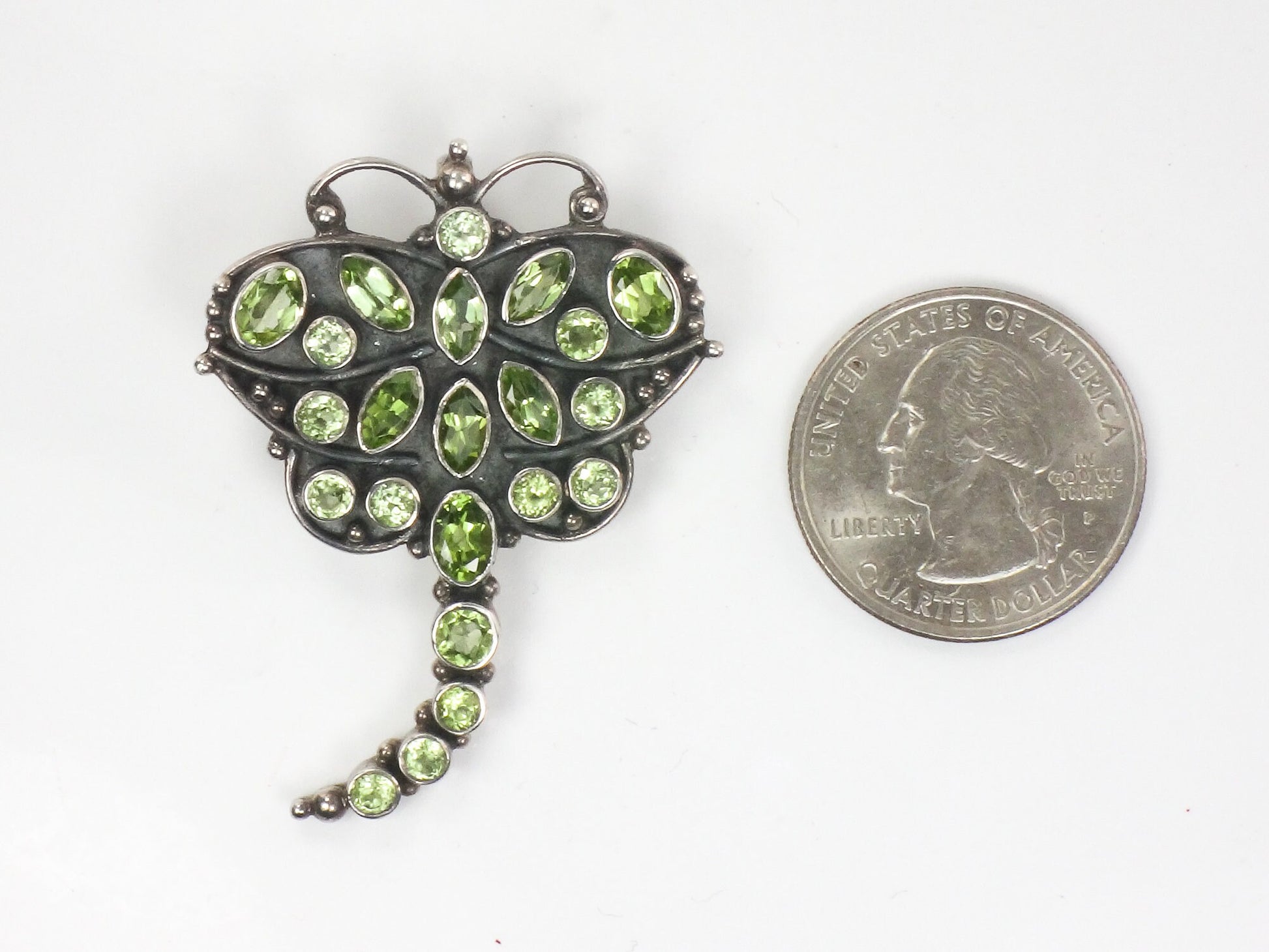 Vintage Large Sterling Silver Peridot Dragonfly Pendant / Pin 925 Green Stone Pendant