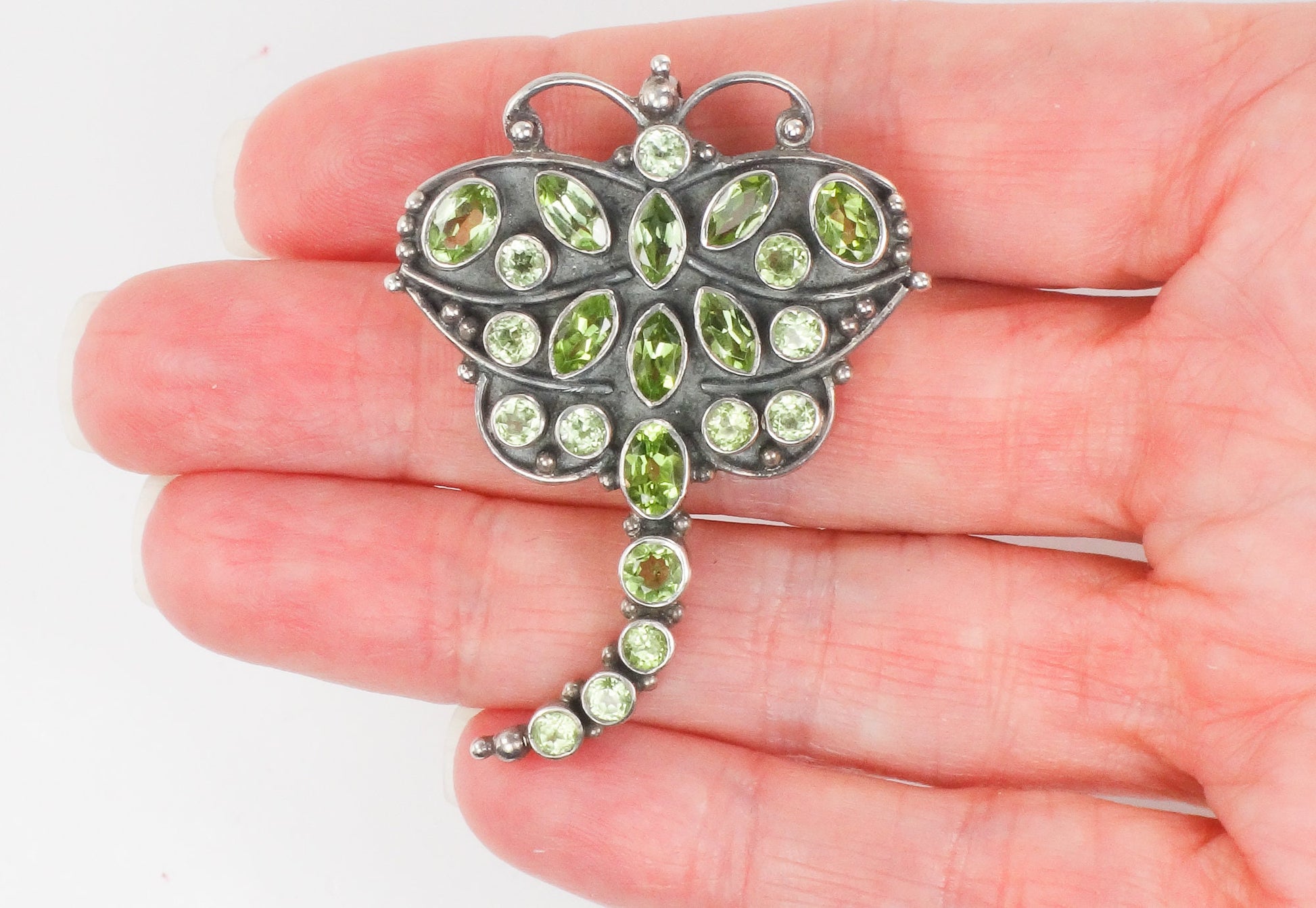 Vintage Large Sterling Silver Peridot Dragonfly Pendant / Pin 925 Green Stone Pendant