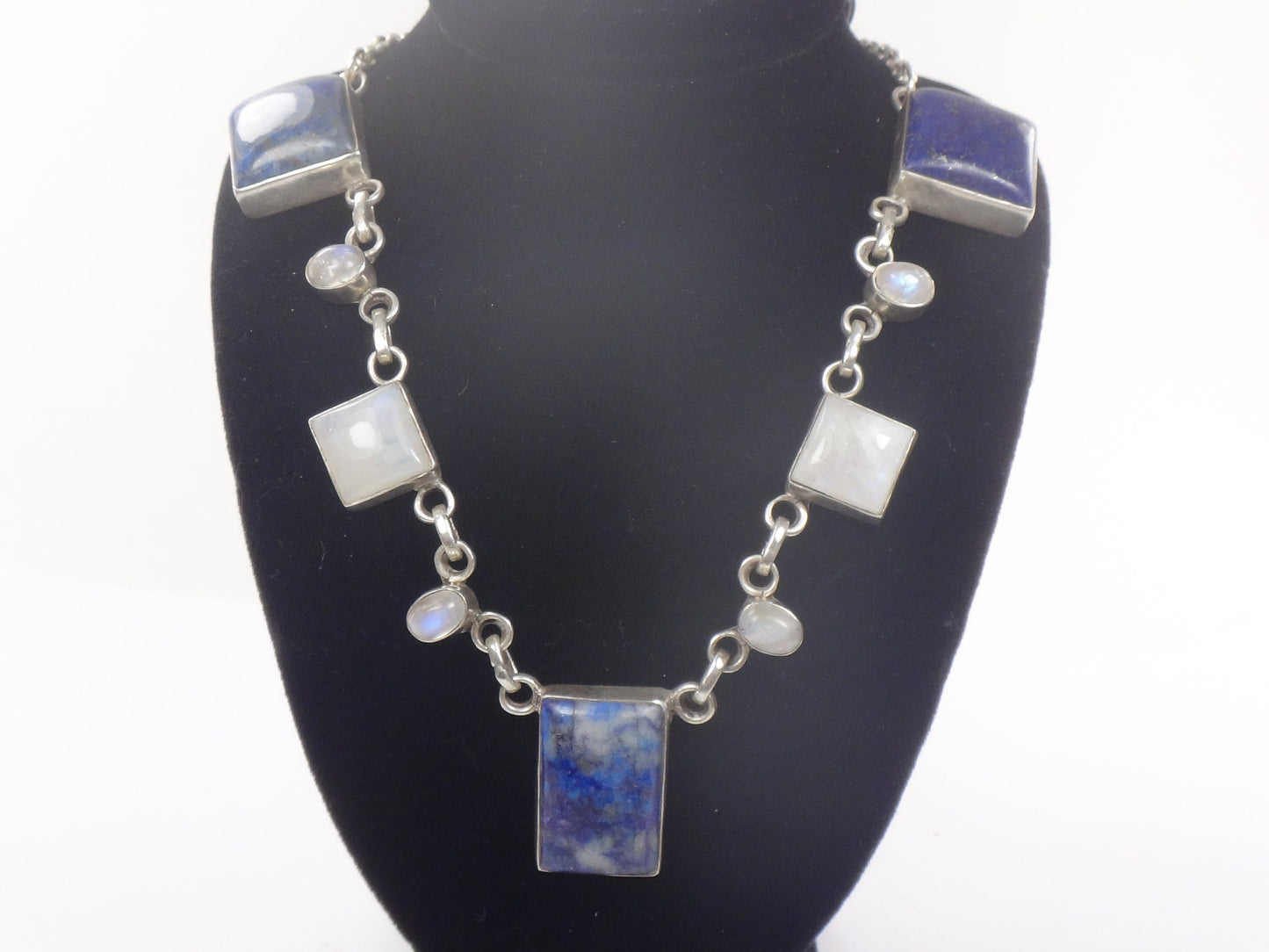 Vintage Sterling Silver Sodalite Lapis Necklace: Chunky Quartz Moonstone