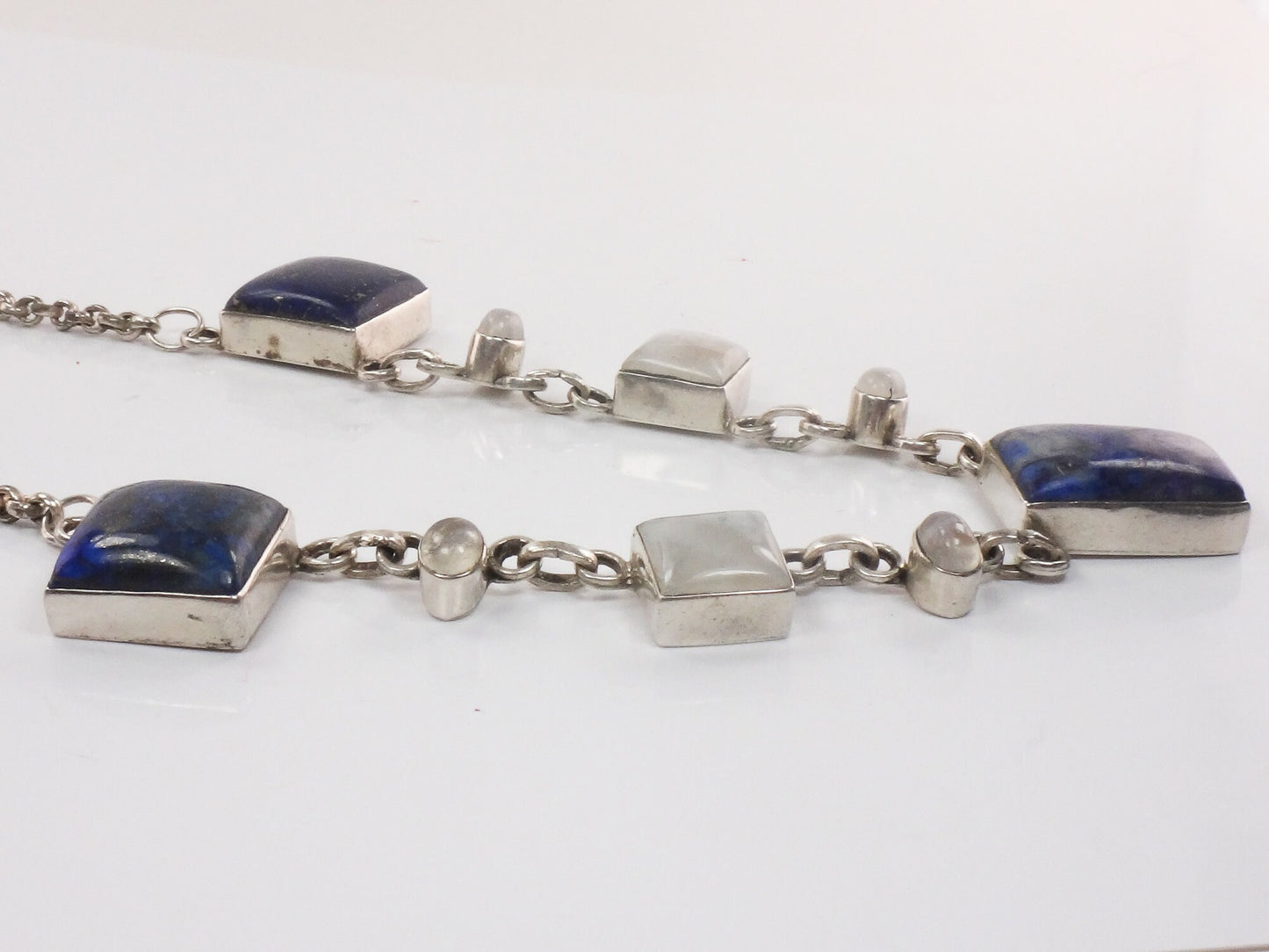 Vintage Sterling Silver Sodalite Lapis Necklace: Chunky Quartz Moonstone