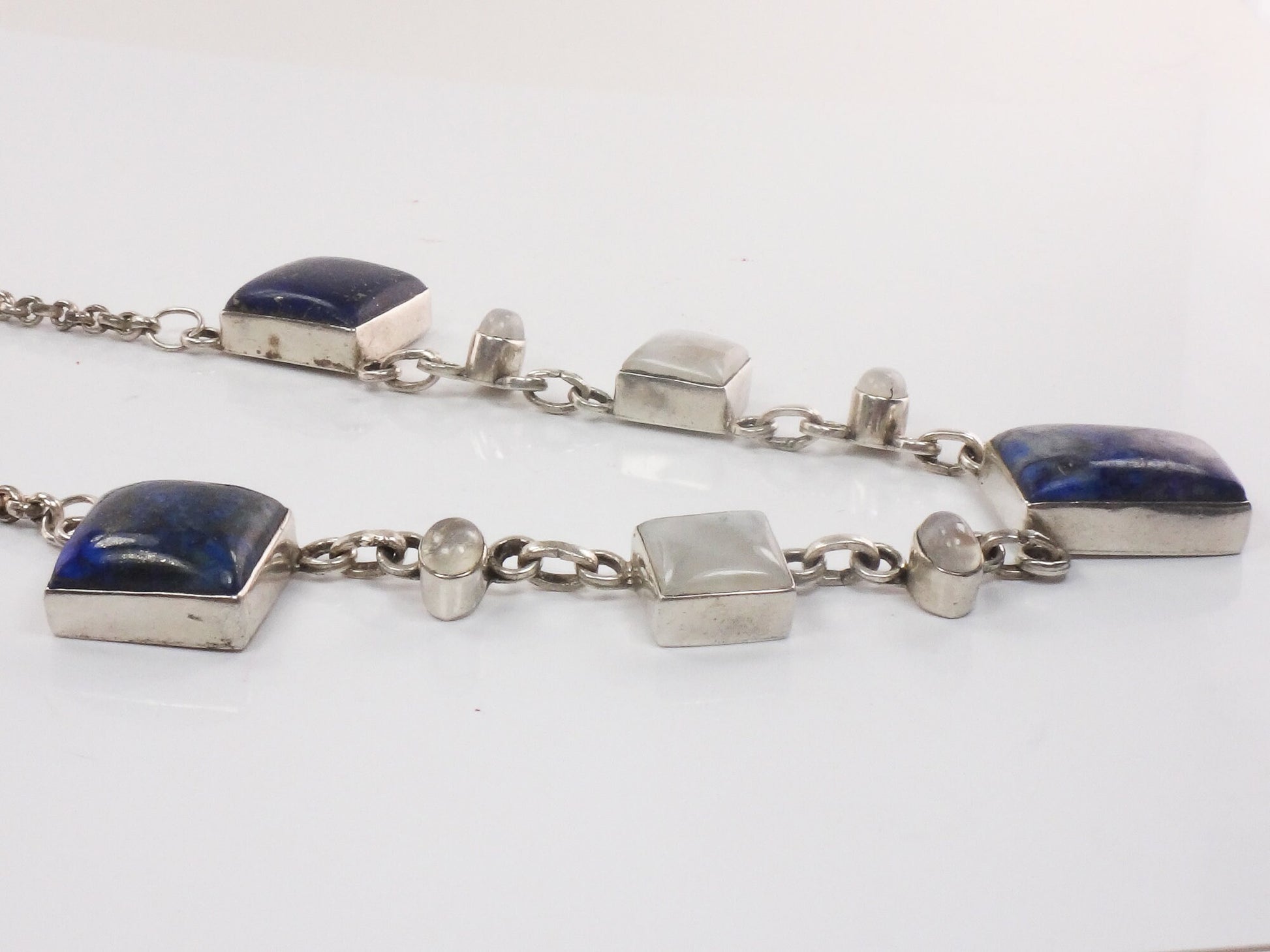 Vintage Sterling Silver Sodalite Lapis Necklace: Chunky Quartz Moonstone