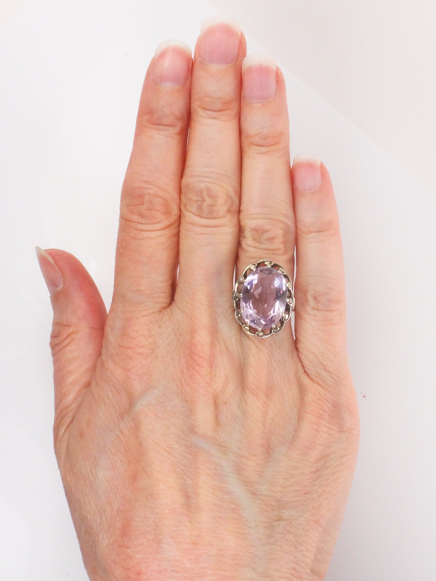 Vintage 800 Silver Amethyst Ring - Oval Cut, Size 4.75 - 1960s