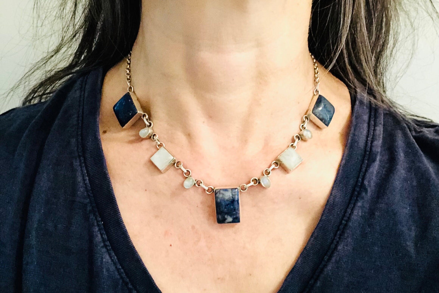 Vintage Sterling Silver Sodalite Lapis Necklace: Chunky Quartz Moonstone