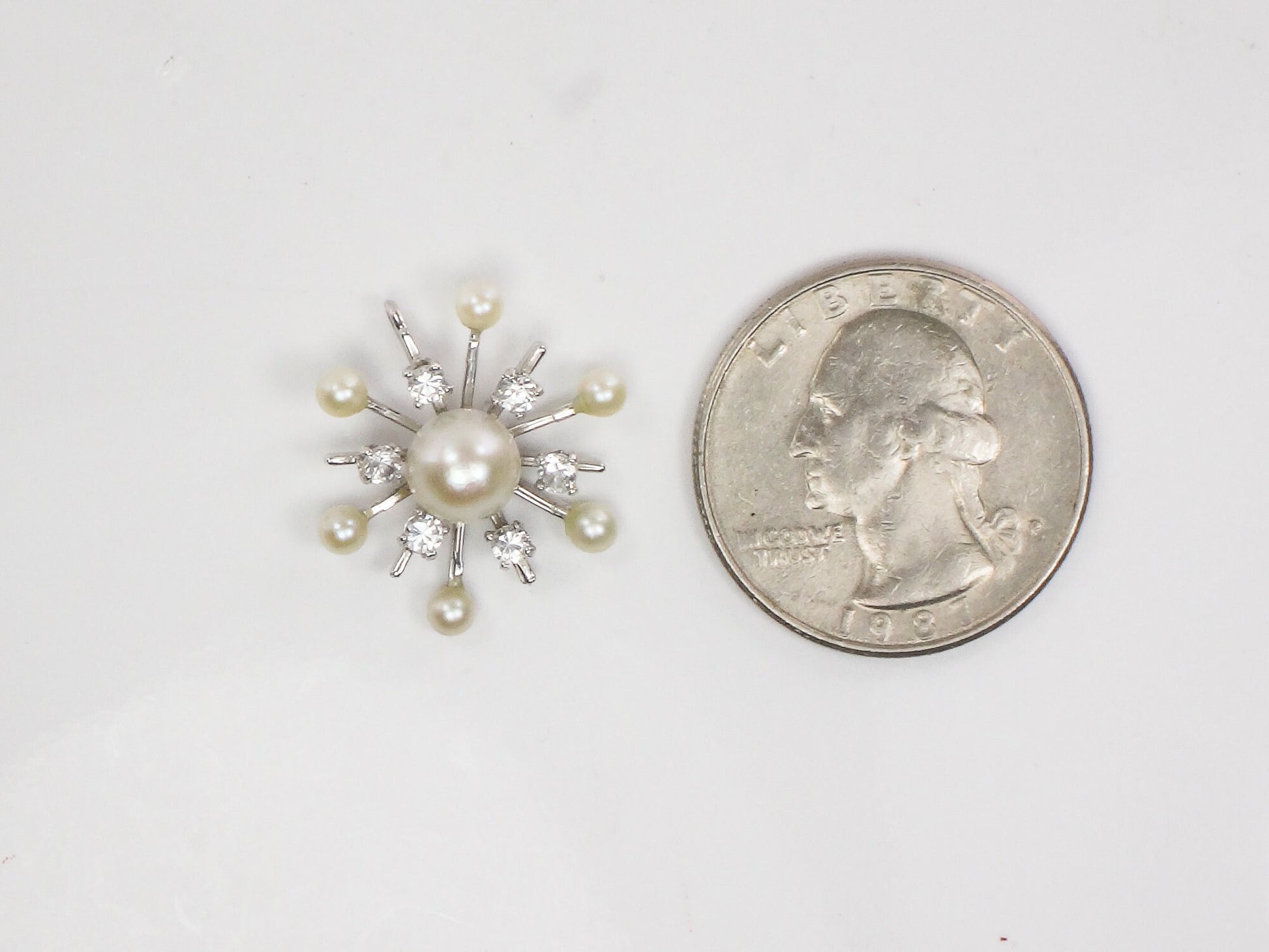 Vintage 14k White Gold Pearl Quartz Starburst Pendant - Engel Brothers